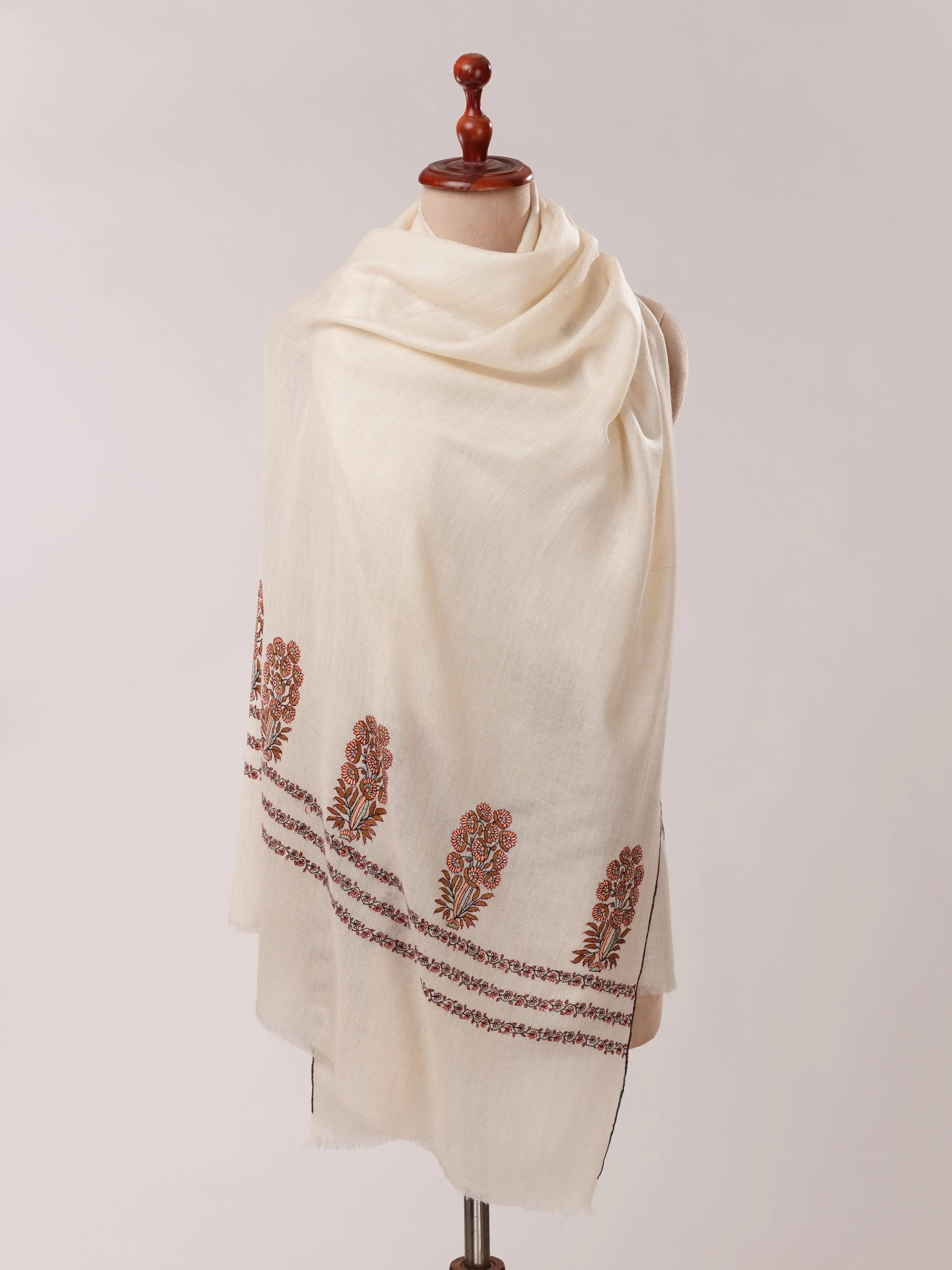 Ivory Baby Soft Cashmere Scarf with Mughal Palla Hand Embroidery Shahkaar.com