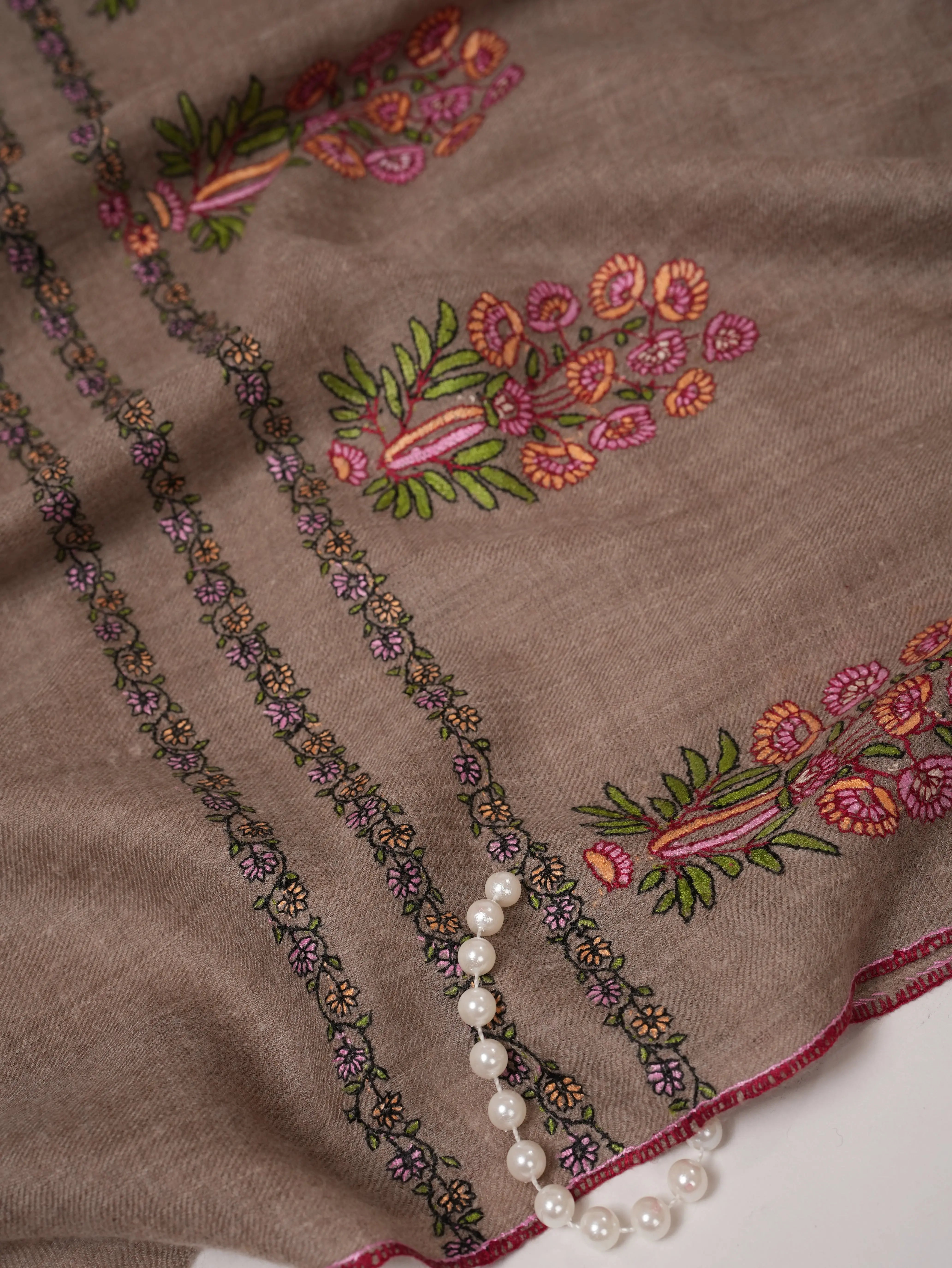 Natural Grey Cashmere Scarf with Palla Mughal Motif Hand Embroidery Shahkaar.com