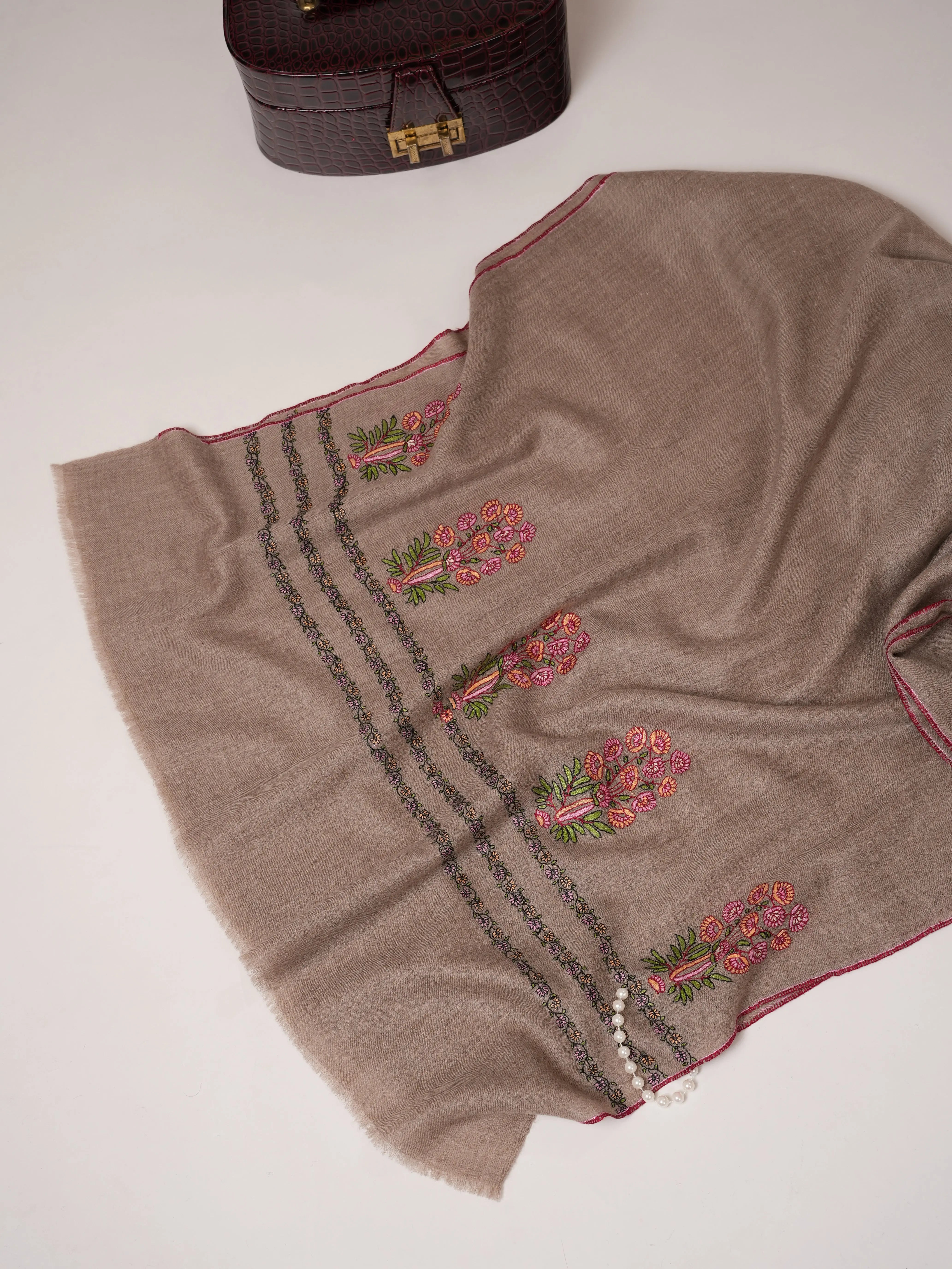 Natural Grey Cashmere Scarf with Palla Mughal Motif Hand Embroidery Shahkaar.com