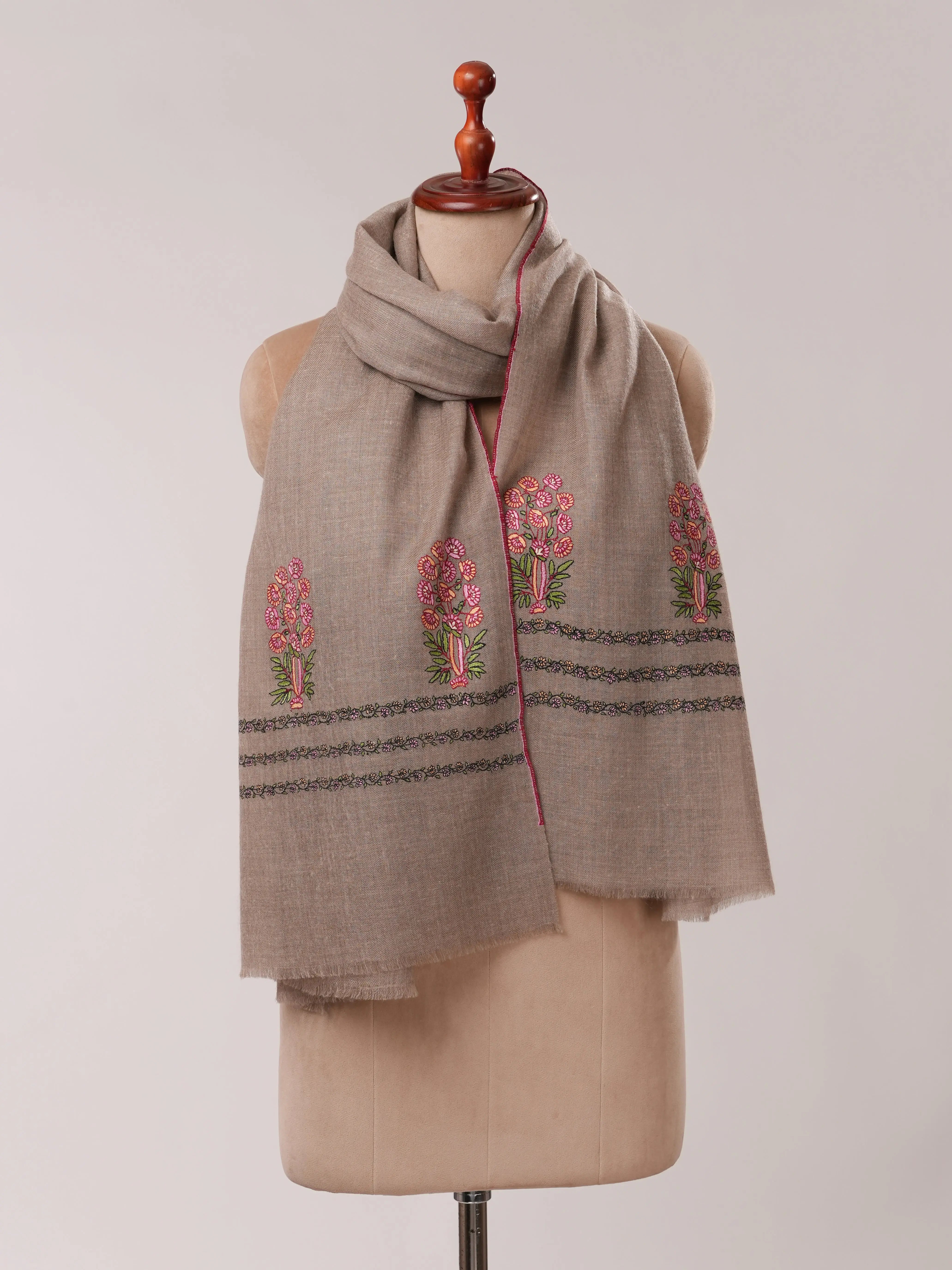 Natural Grey Cashmere Scarf with Palla Mughal Motif Hand Embroidery Shahkaar.com