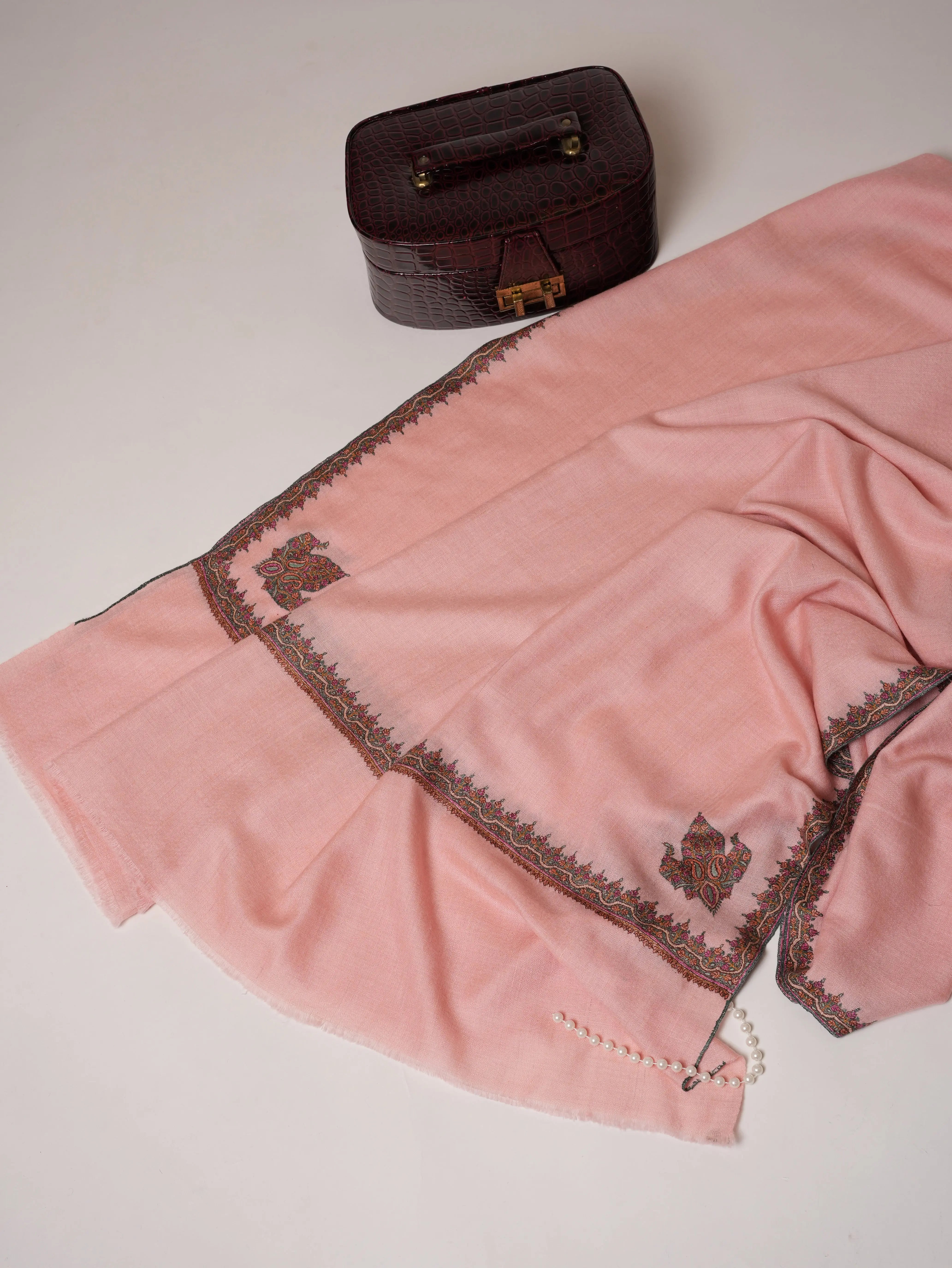Baby Pink Pashmina Shawl with Classic Hashia Hand Embroidery Shahkaar.com