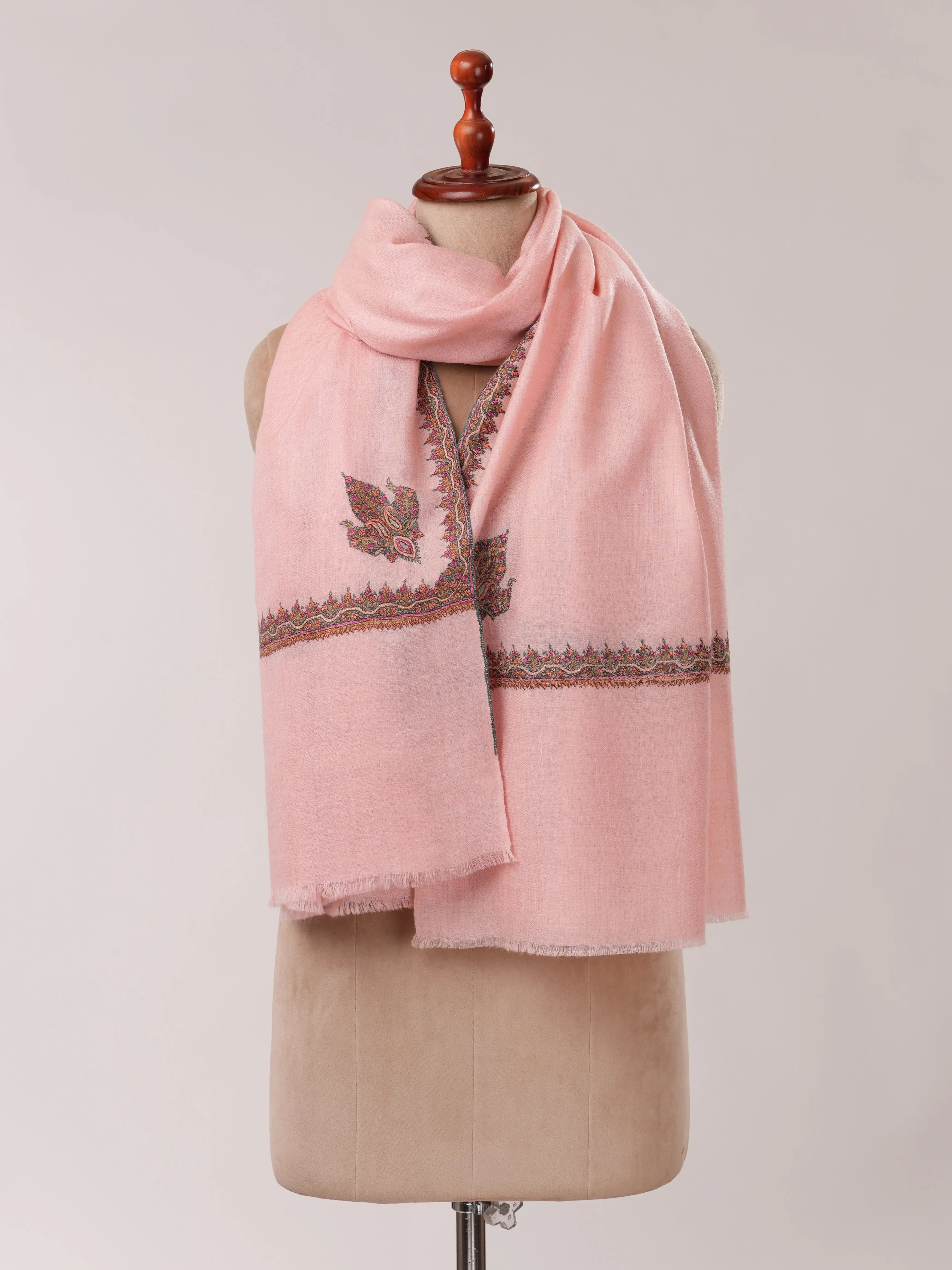 Baby Pink Pashmina Shawl with Classic Hashia Hand Embroidery Shahkaar.com