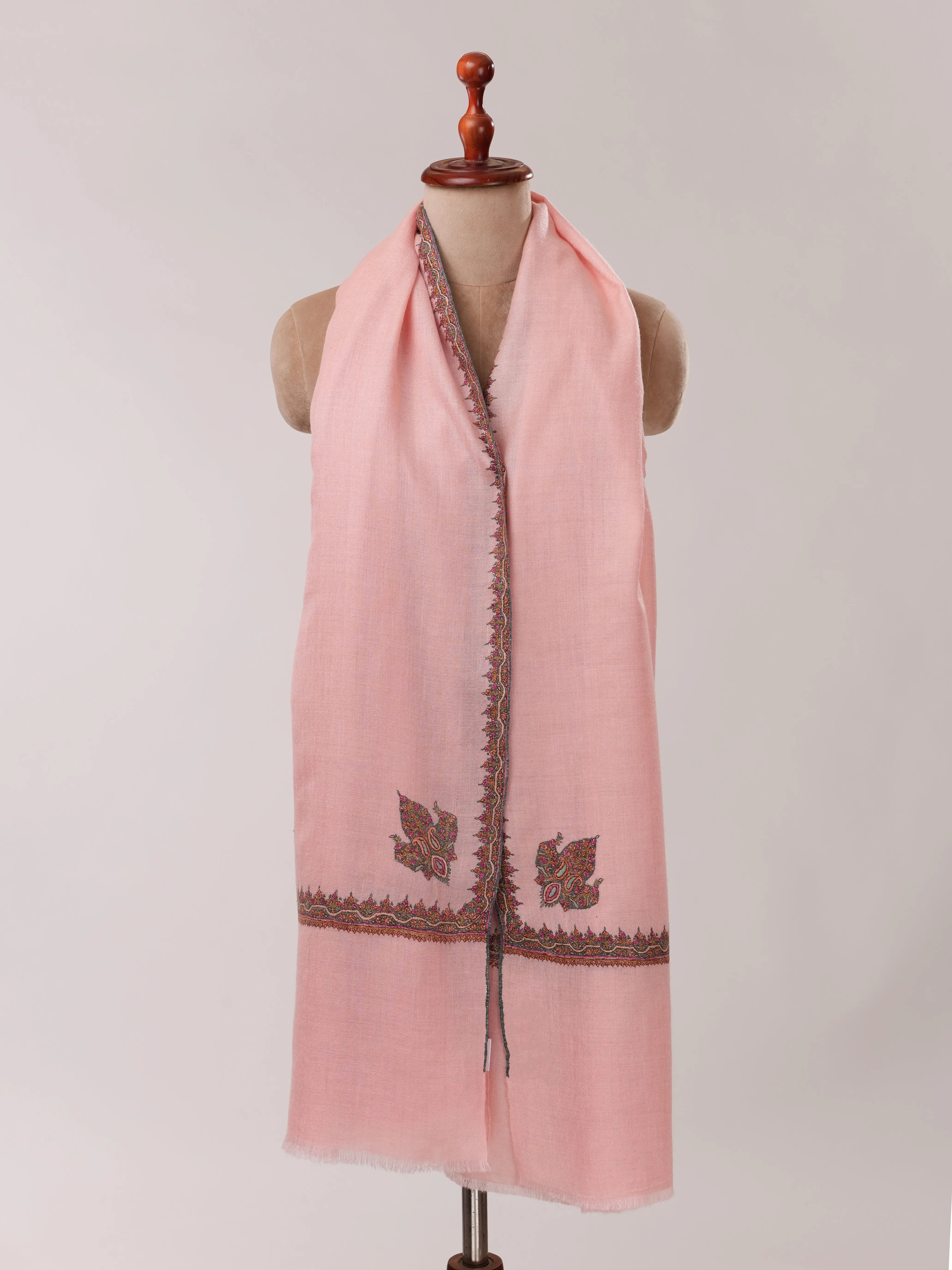 Baby Pink Pashmina Shawl with Classic Hashia Hand Embroidery Shahkaar.com