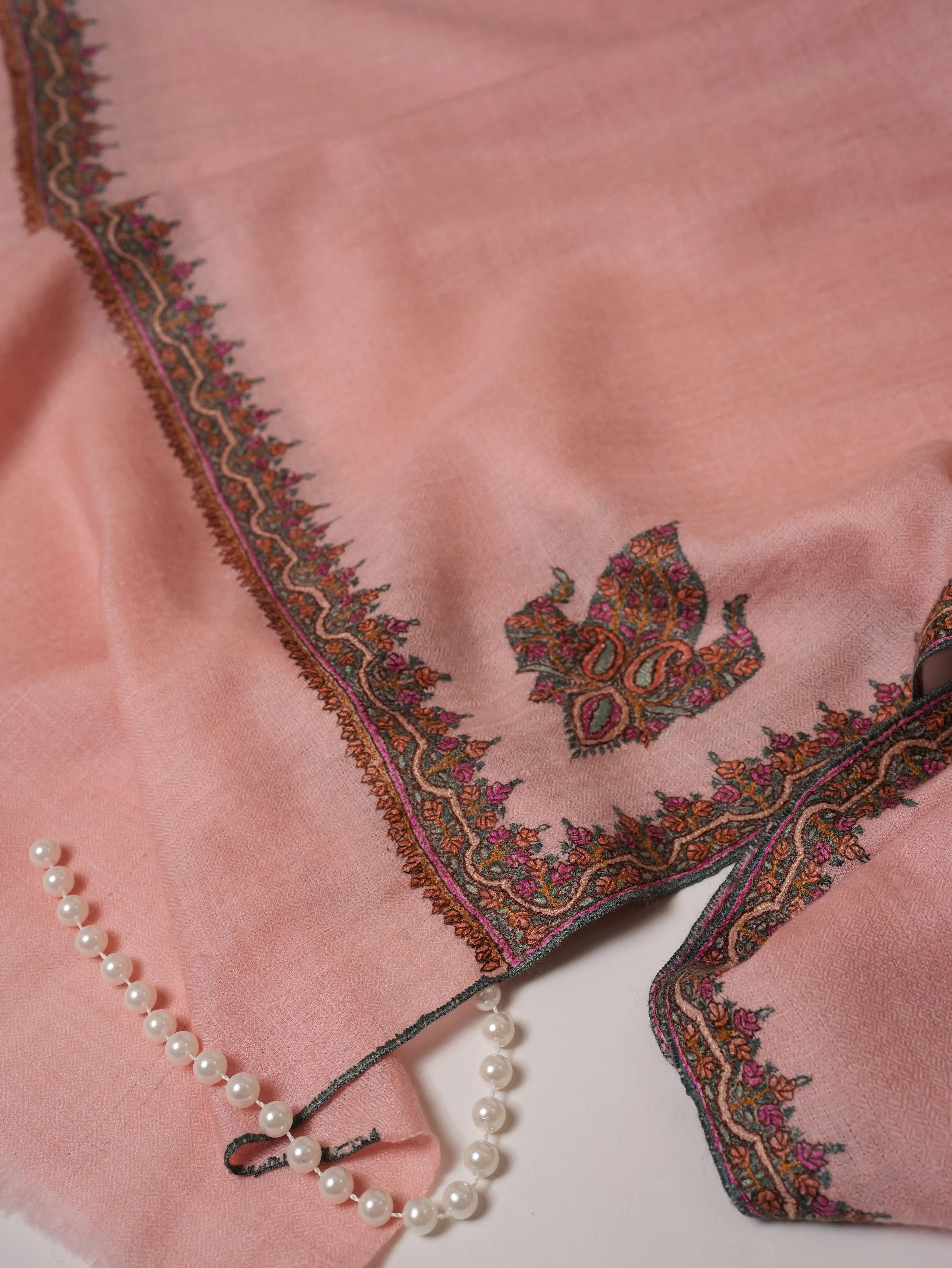 Baby Pink Pashmina Shawl with Classic Hashia Hand Embroidery Shahkaar.com