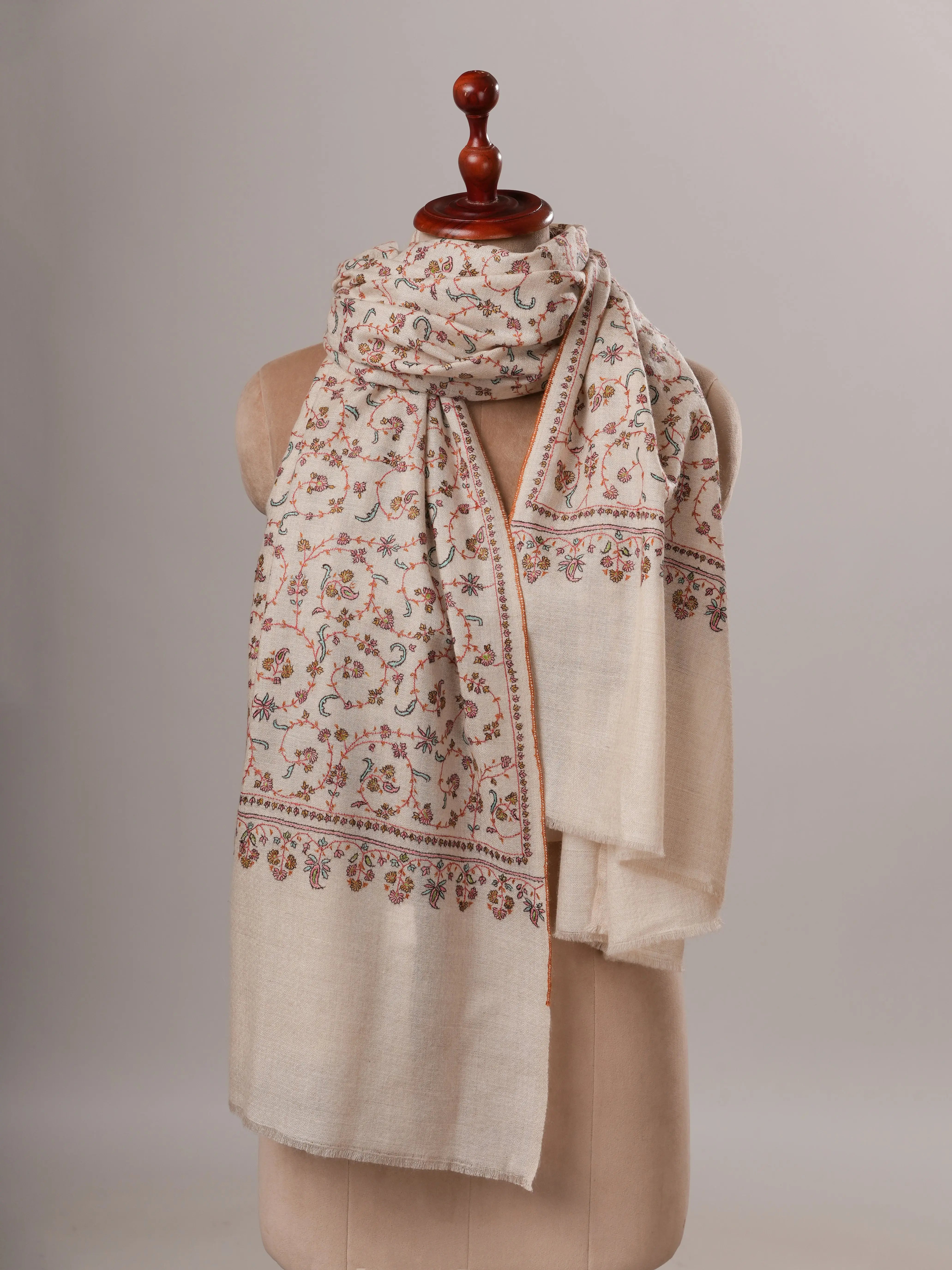 Ivory All Over Jali Hand Embroidered Pure Pashmina Shawl Shahkaar Global