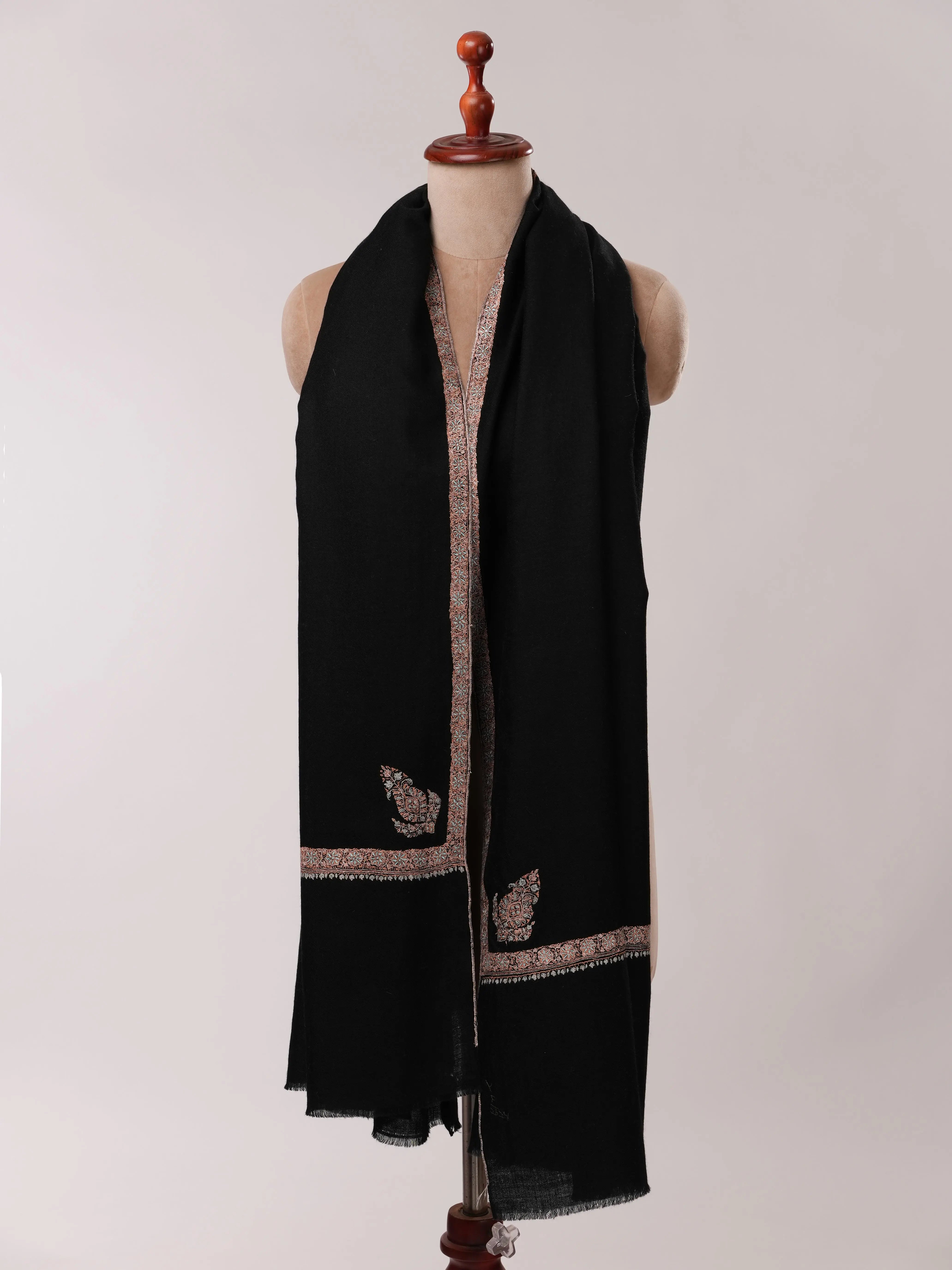Black Pashmina Shawl with Hashia Hand Embroidery Shahkaar.com