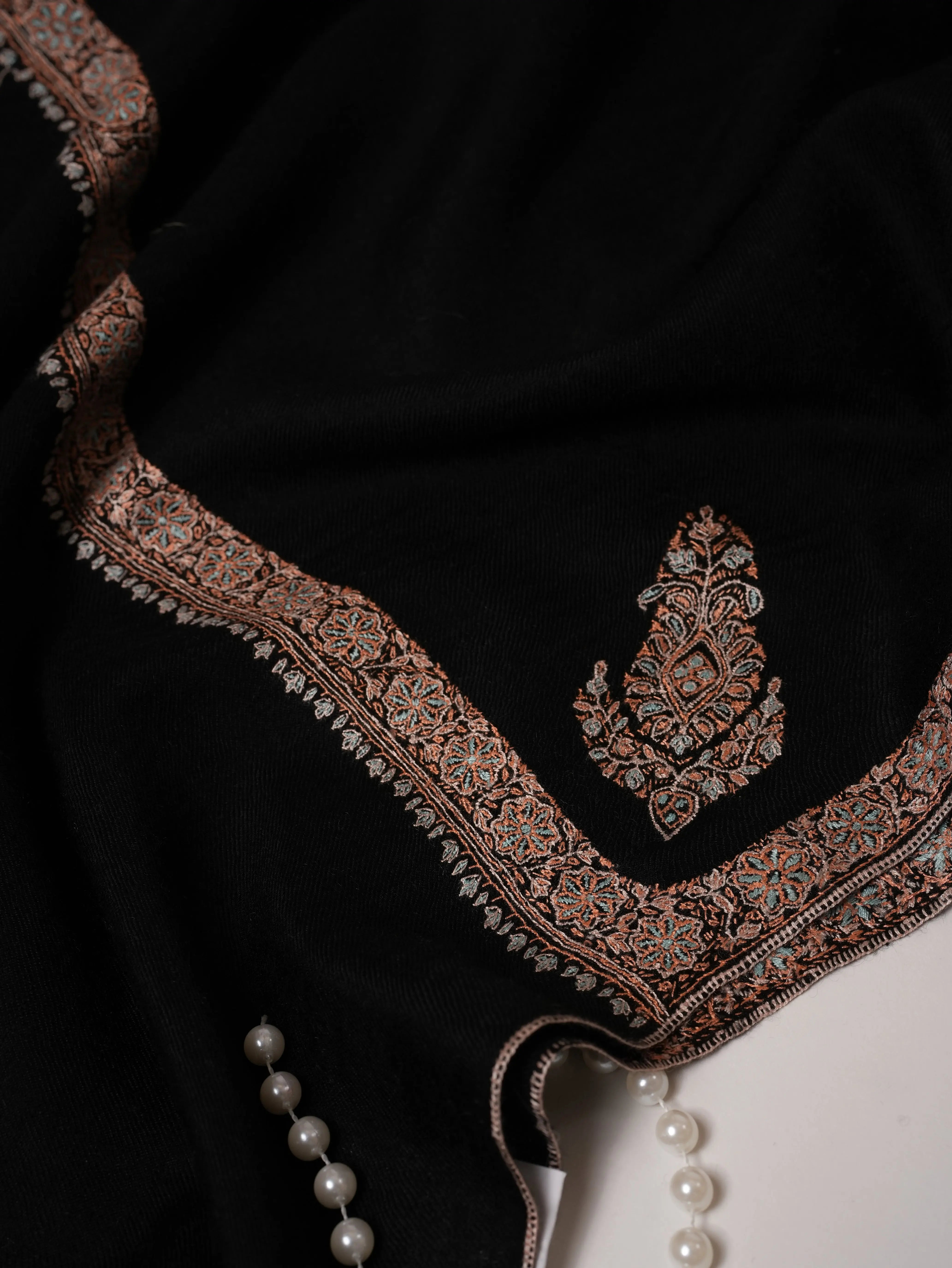 Black Pashmina Shawl with Hashia Hand Embroidery Shahkaar.com