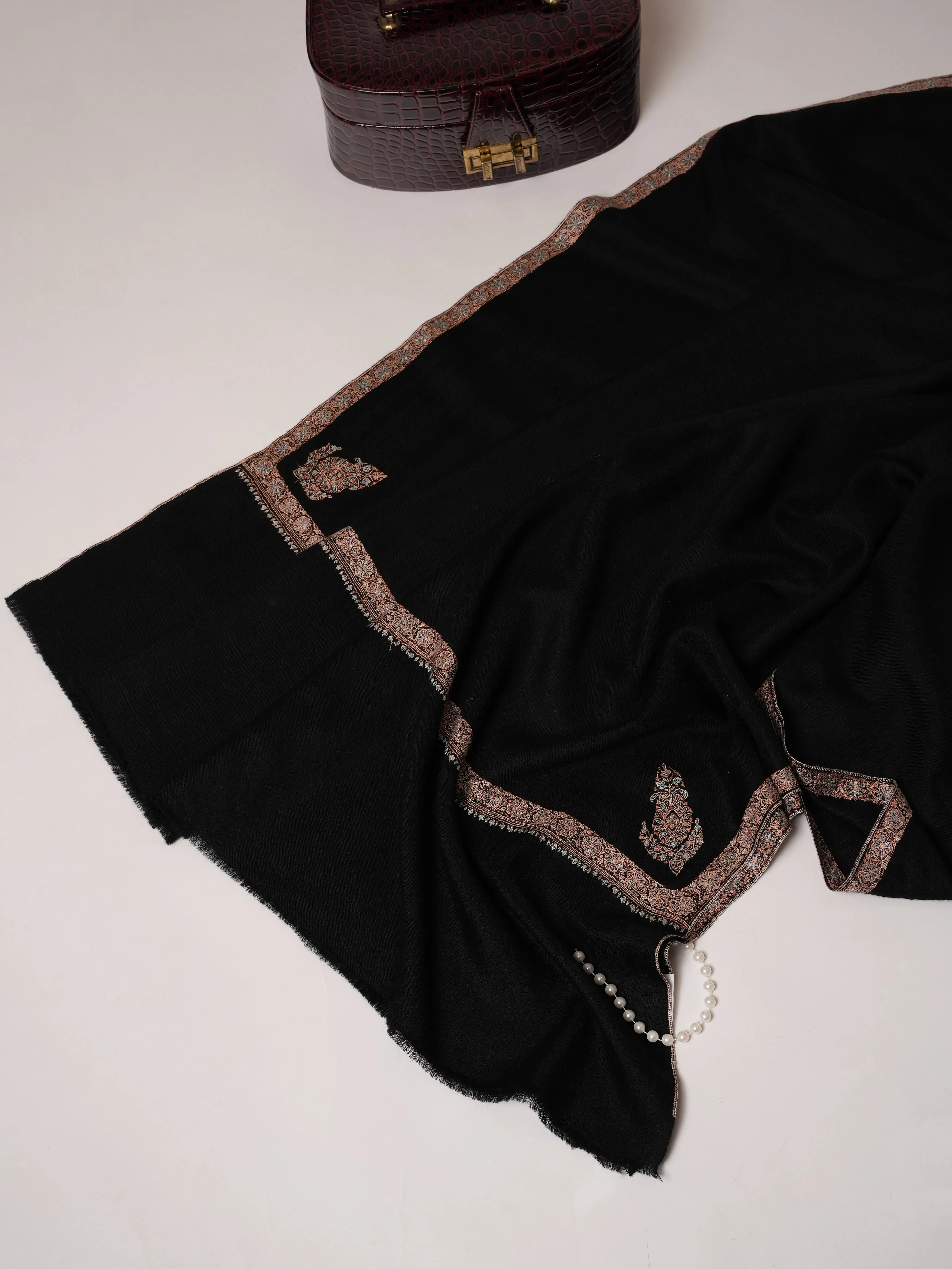 Black Pashmina Shawl with Hashia Hand Embroidery Shahkaar.com