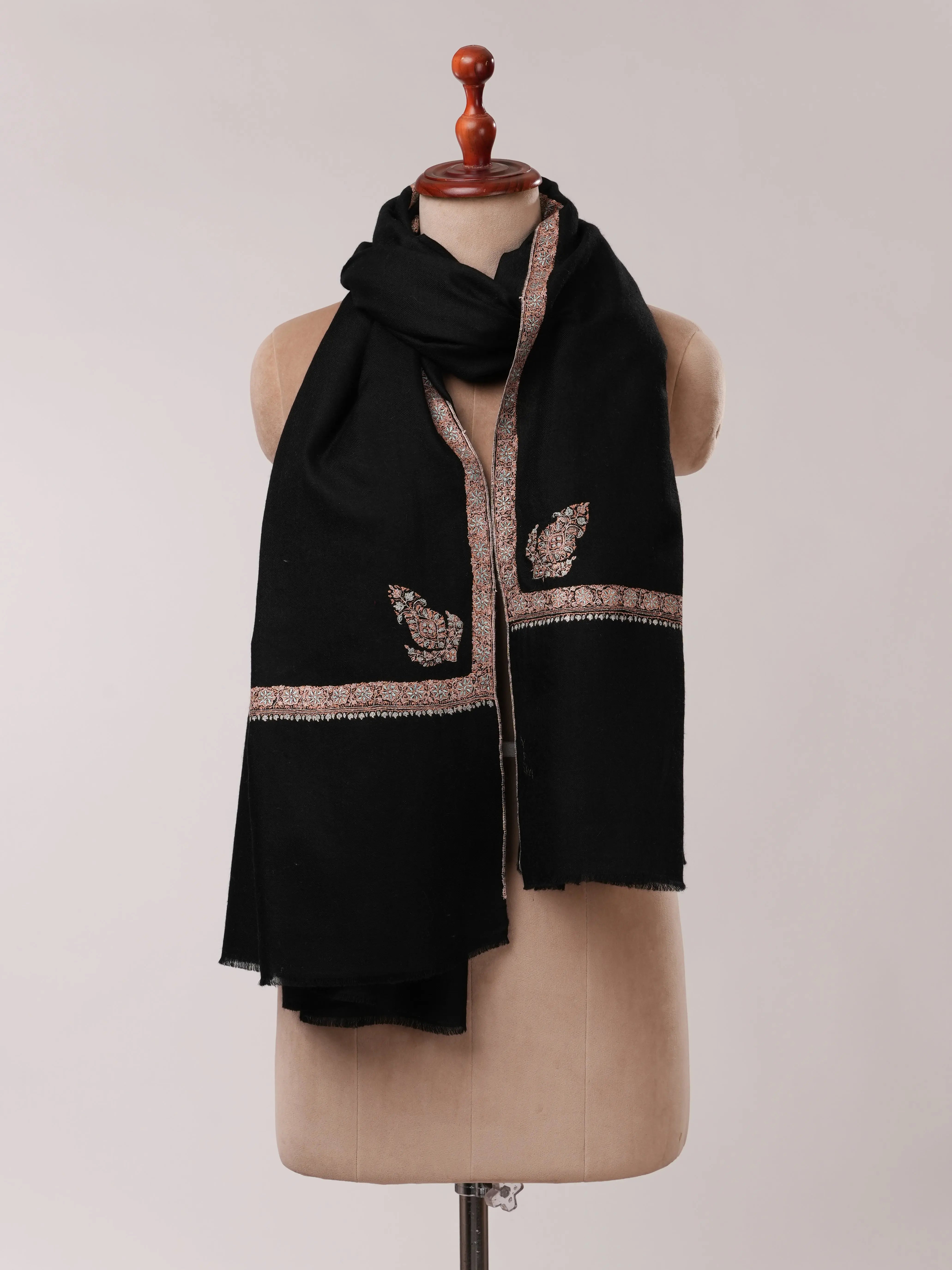 Black Pashmina Shawl with Hashia Hand Embroidery Shahkaar.com