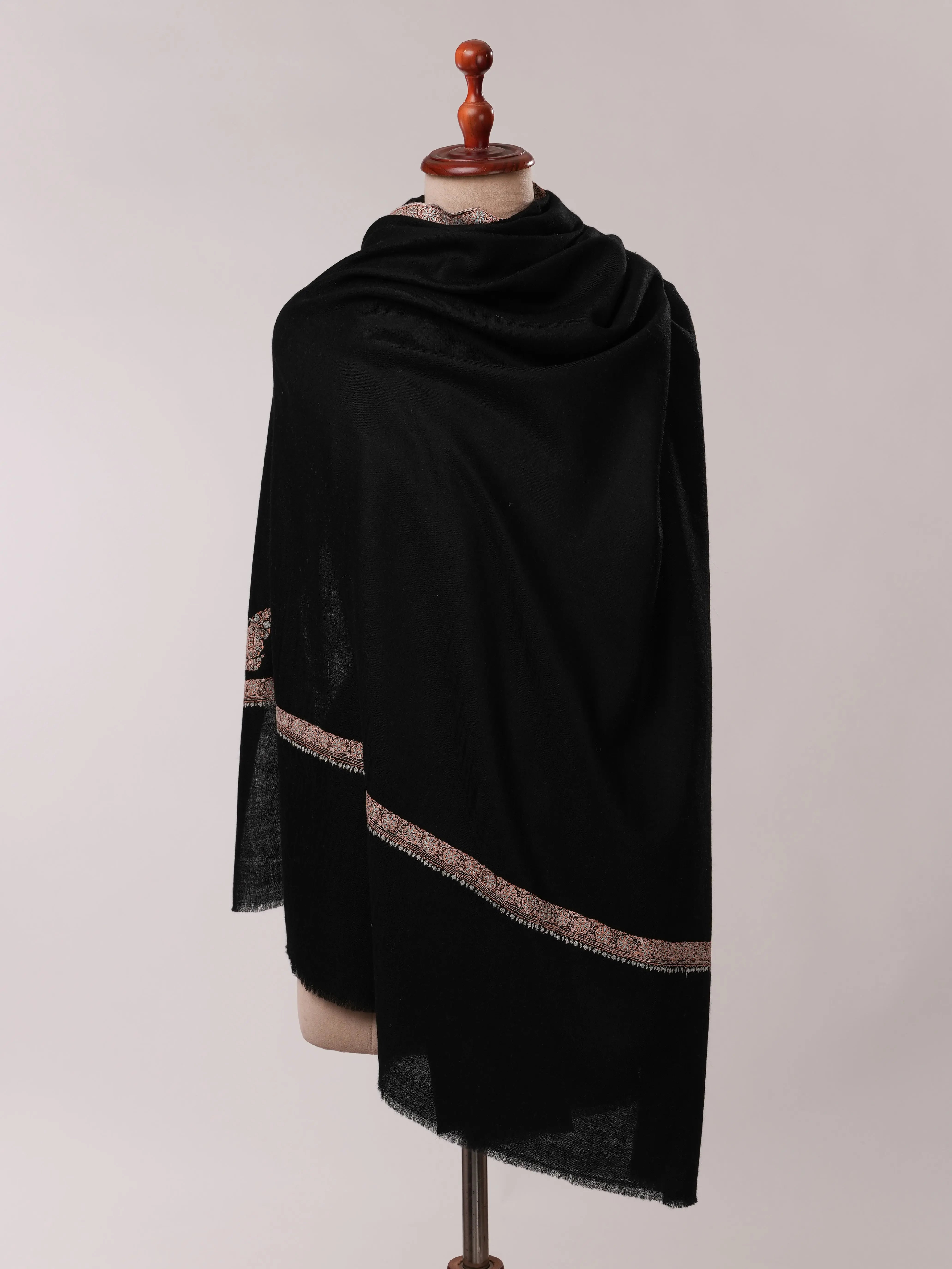 Black Pashmina Shawl with Hashia Hand Embroidery Shahkaar.com