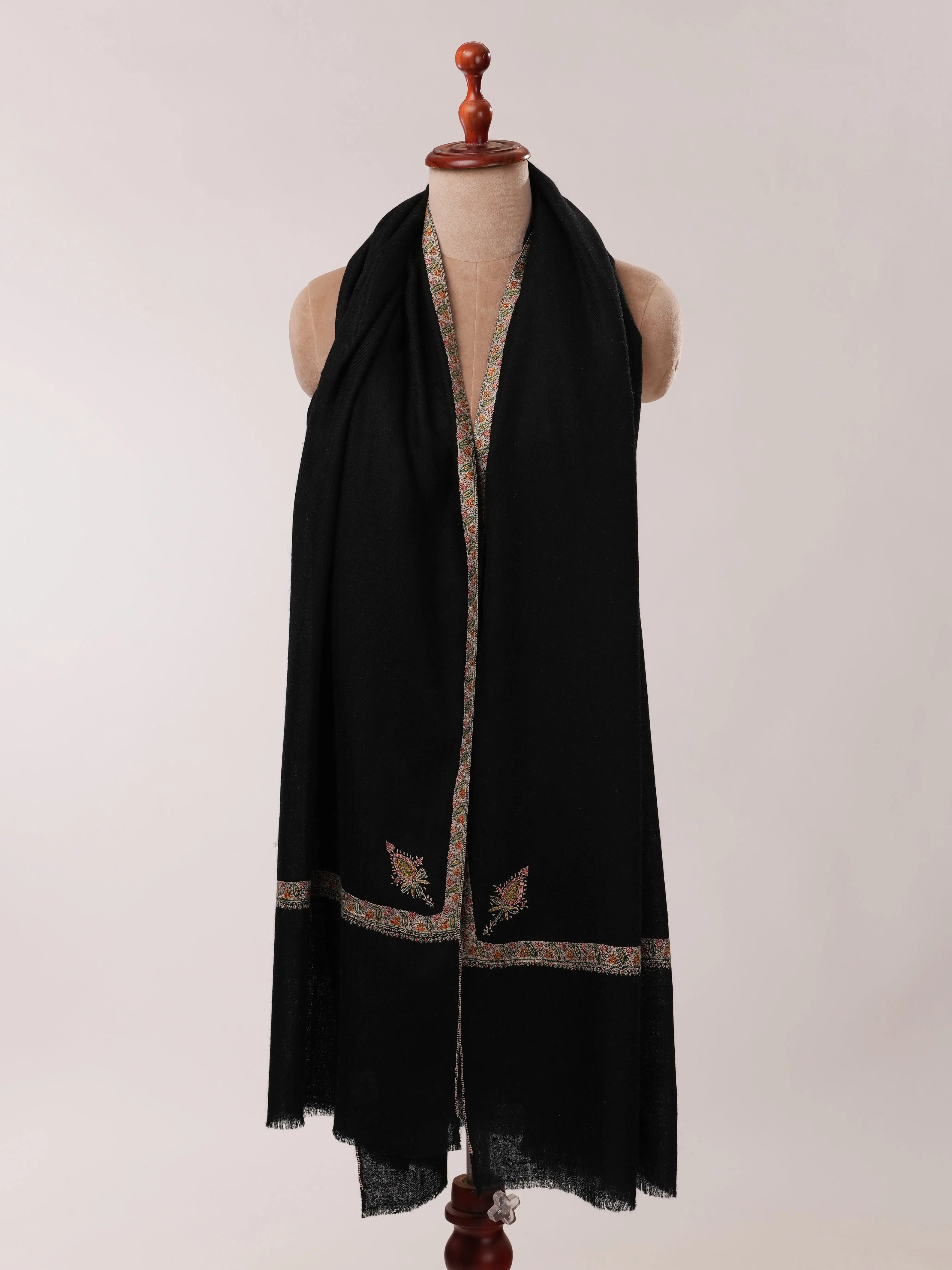 Black Pashmina Shawl with Hashia Hand Embroidery Shahkaar.com