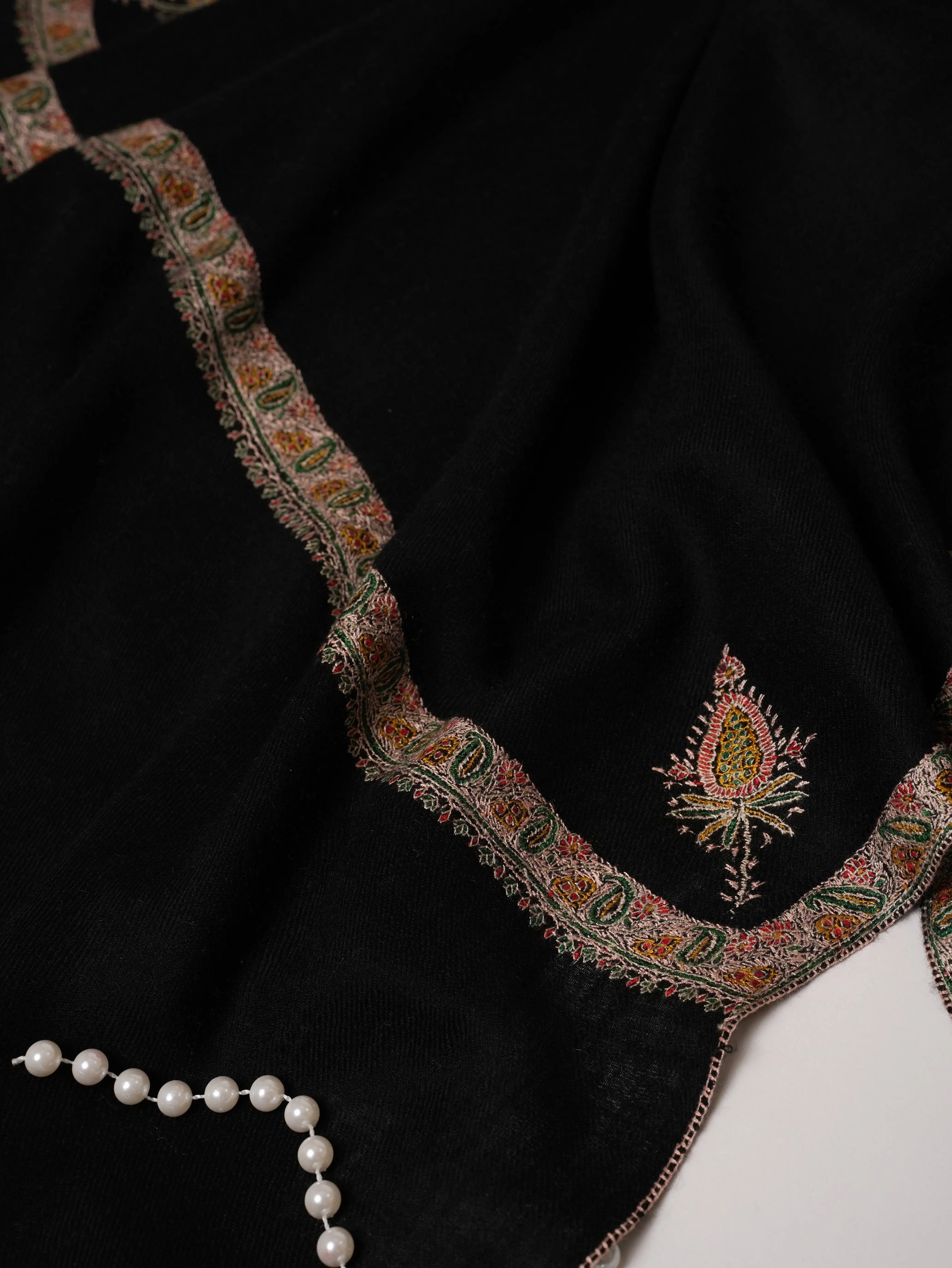 Black Pashmina Shawl with Hashia Hand Embroidery Shahkaar.com