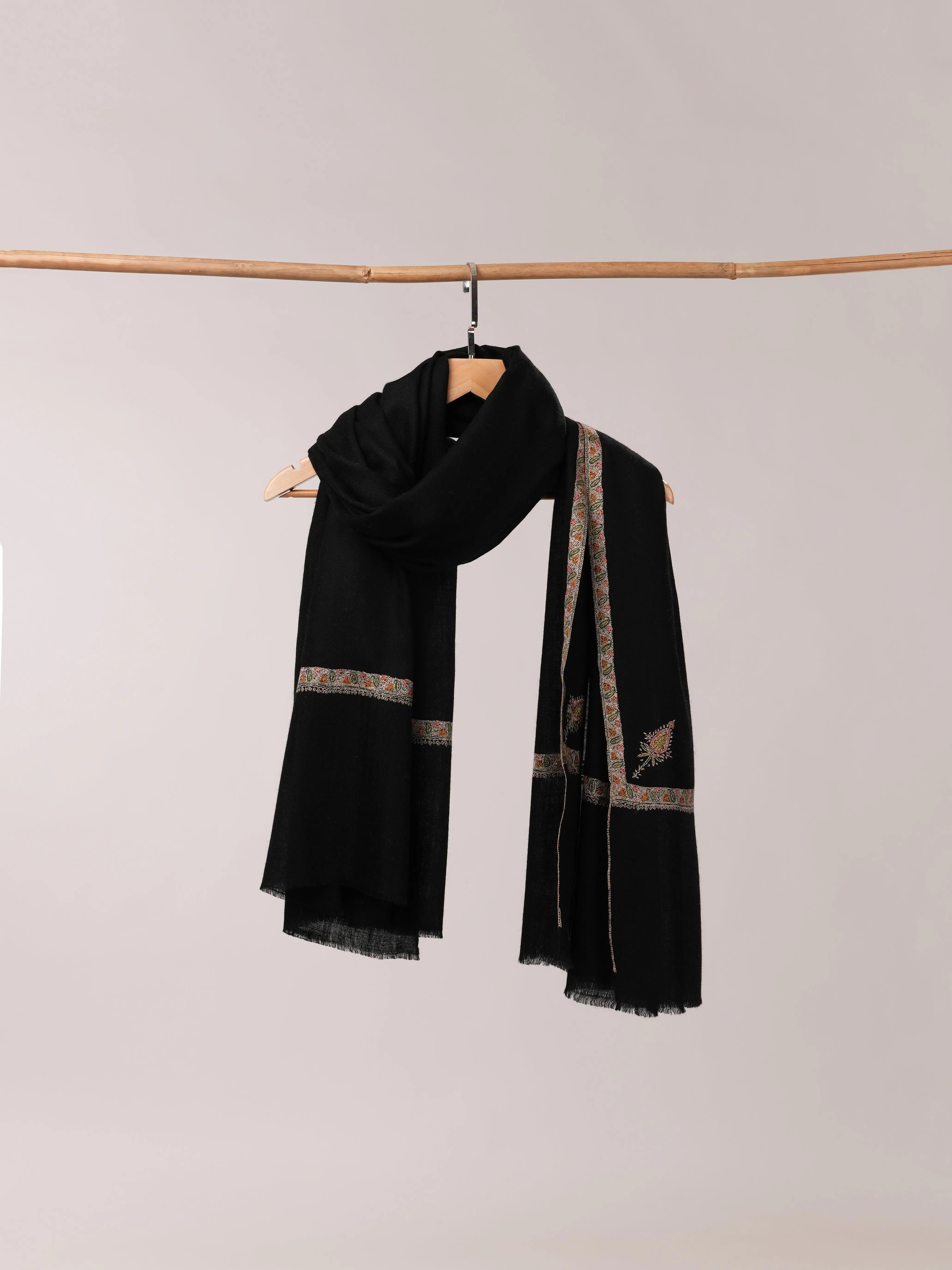 Black Pashmina Shawl with Hashia Hand Embroidery Shahkaar.com