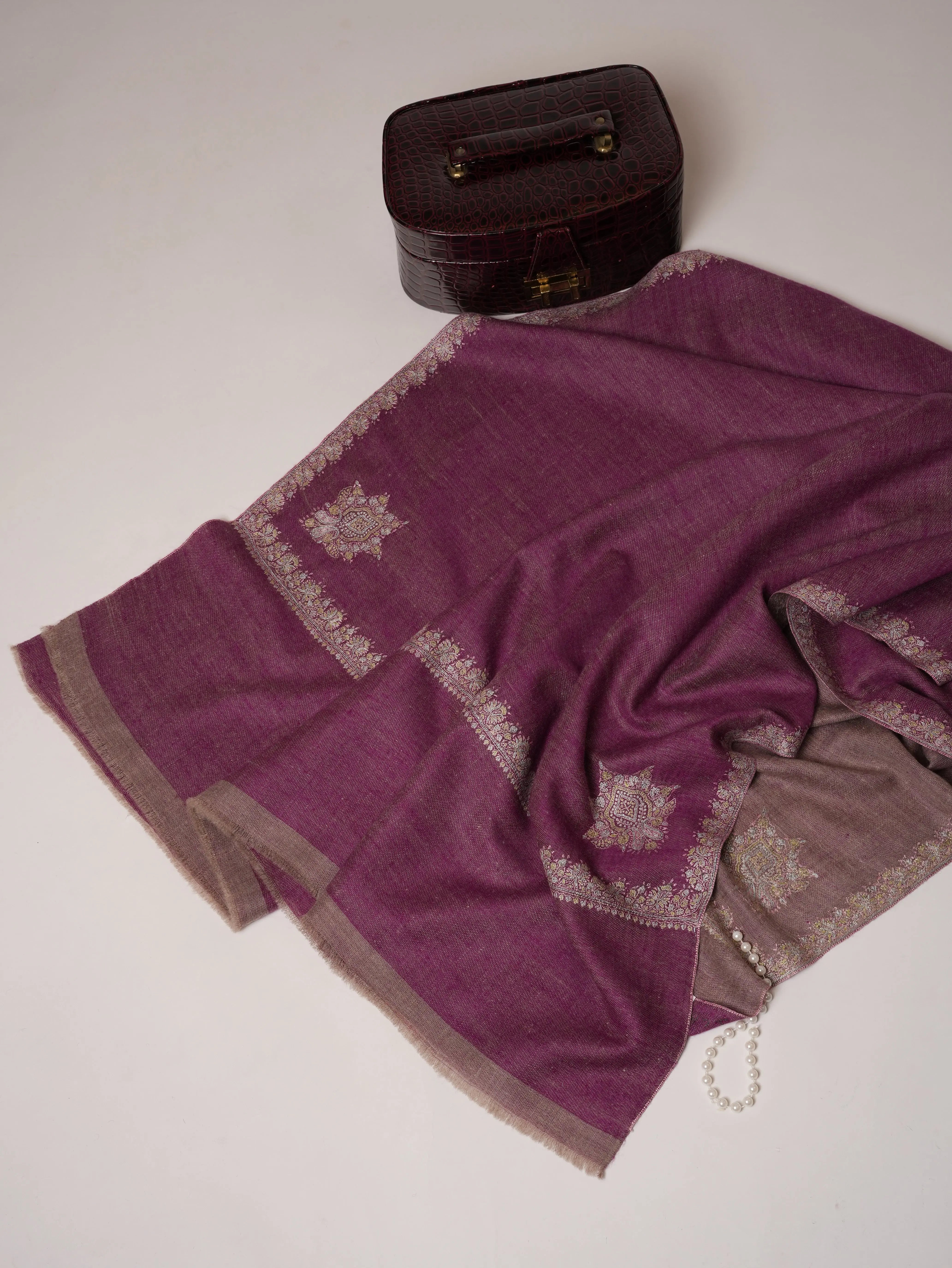 Dual Tone Handwoven Pashmina Shawl with Hashia Hand Embroidery Shahkaar.com