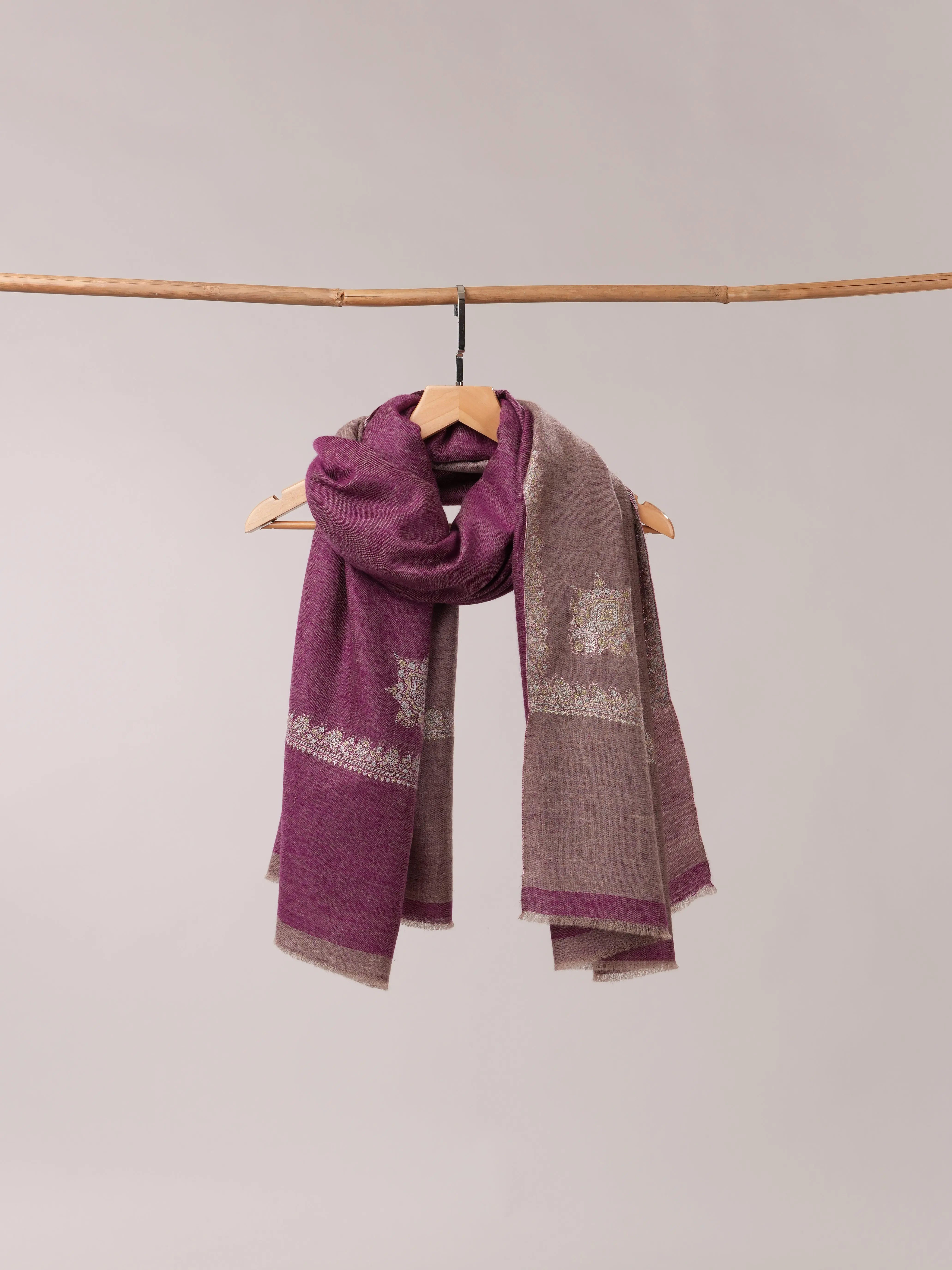 Dual Tone Handwoven Pashmina Shawl with Hashia Hand Embroidery Shahkaar.com