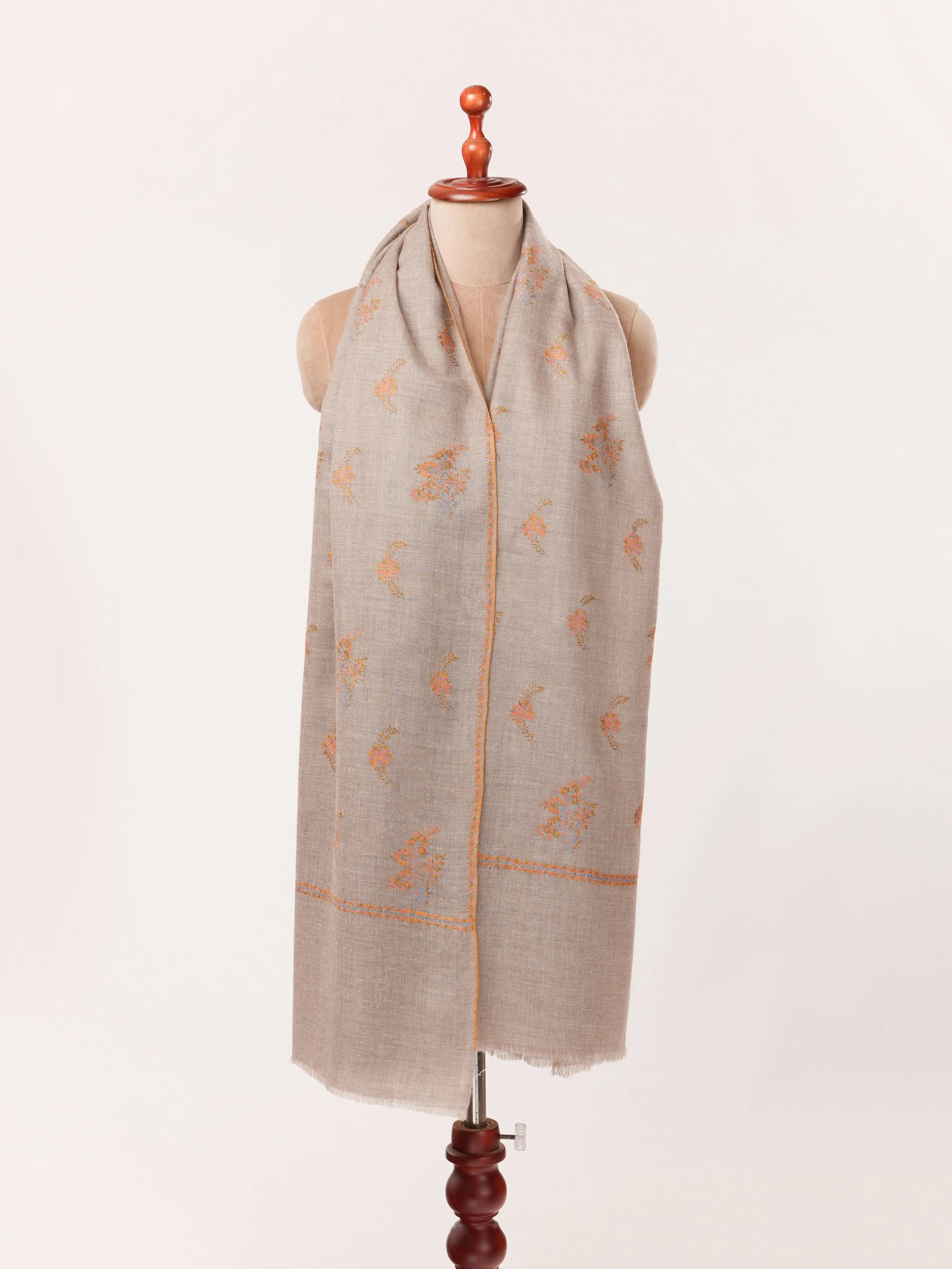 Natural Taupe Baby Soft Pashmina Shawl with Sozni Buteh Embroidery Shahkaar.com