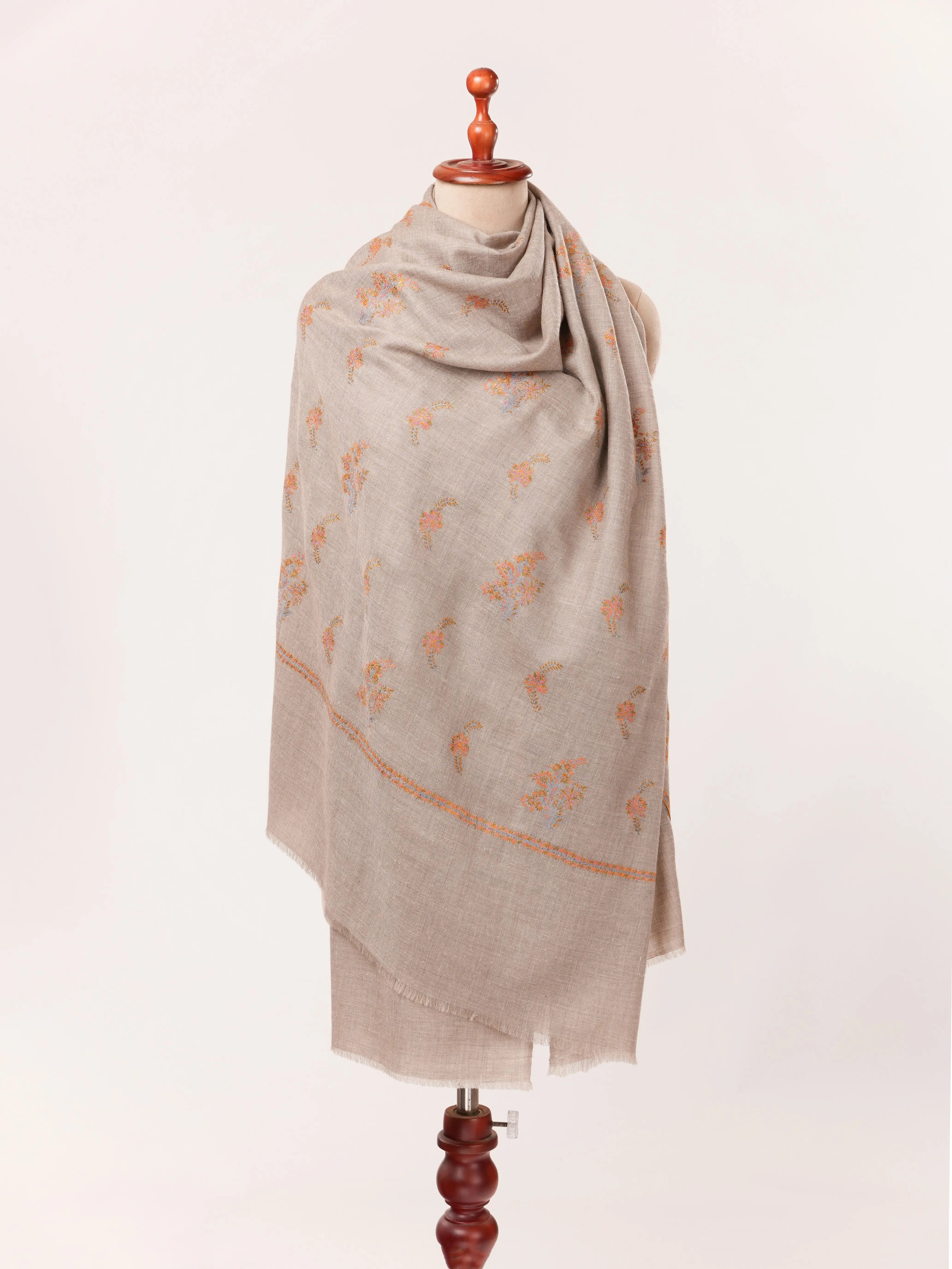 Natural Taupe Baby Soft Pashmina Shawl with Sozni Buteh Embroidery Shahkaar.com