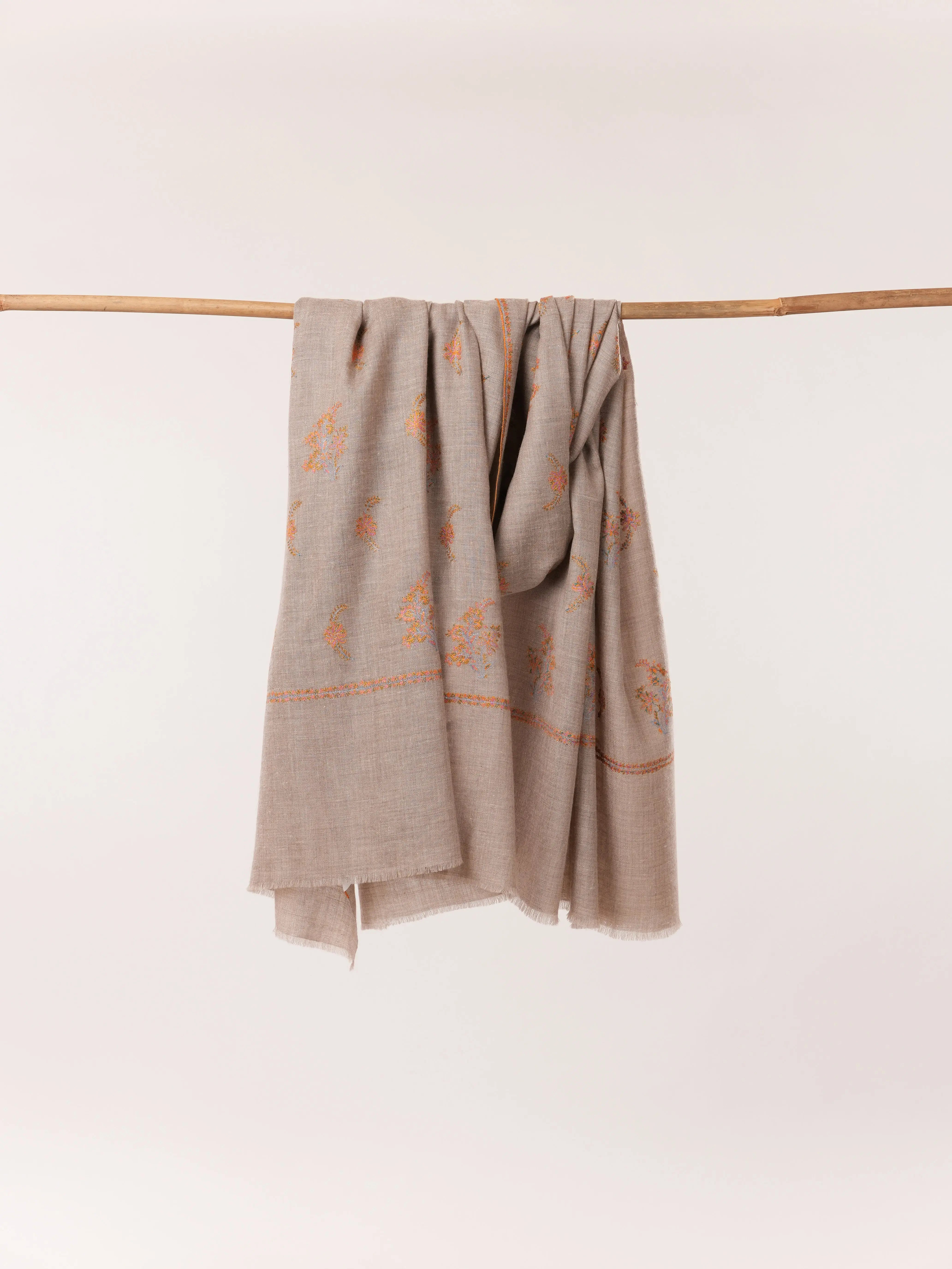 Natural Taupe Baby Soft Pashmina Shawl with Sozni Buteh Embroidery Shahkaar.com