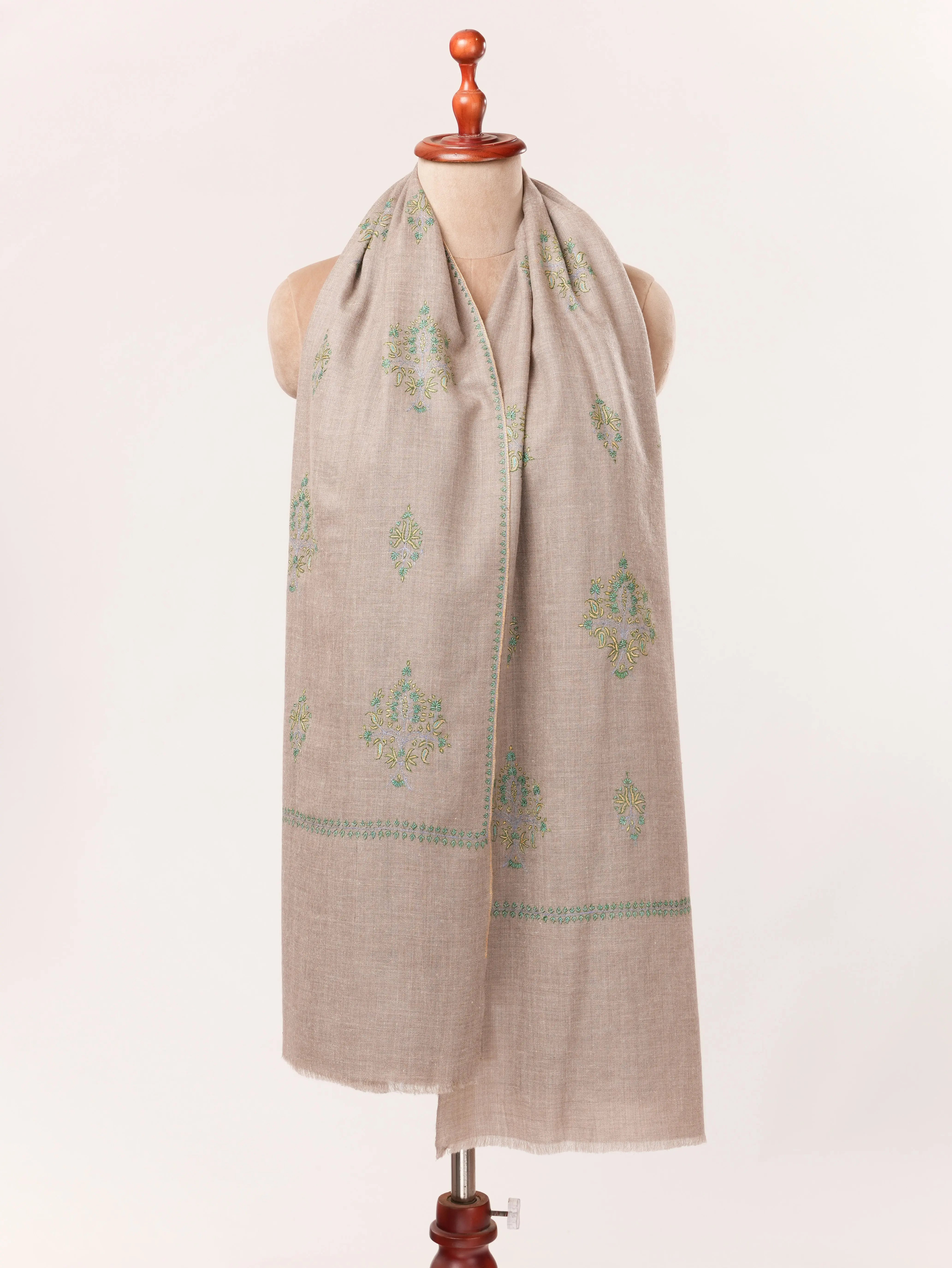 Kashmiri Baildar Buteh Sozni Embroidered Taupe Handwoven Pashmina Shawl Shahkaar.com