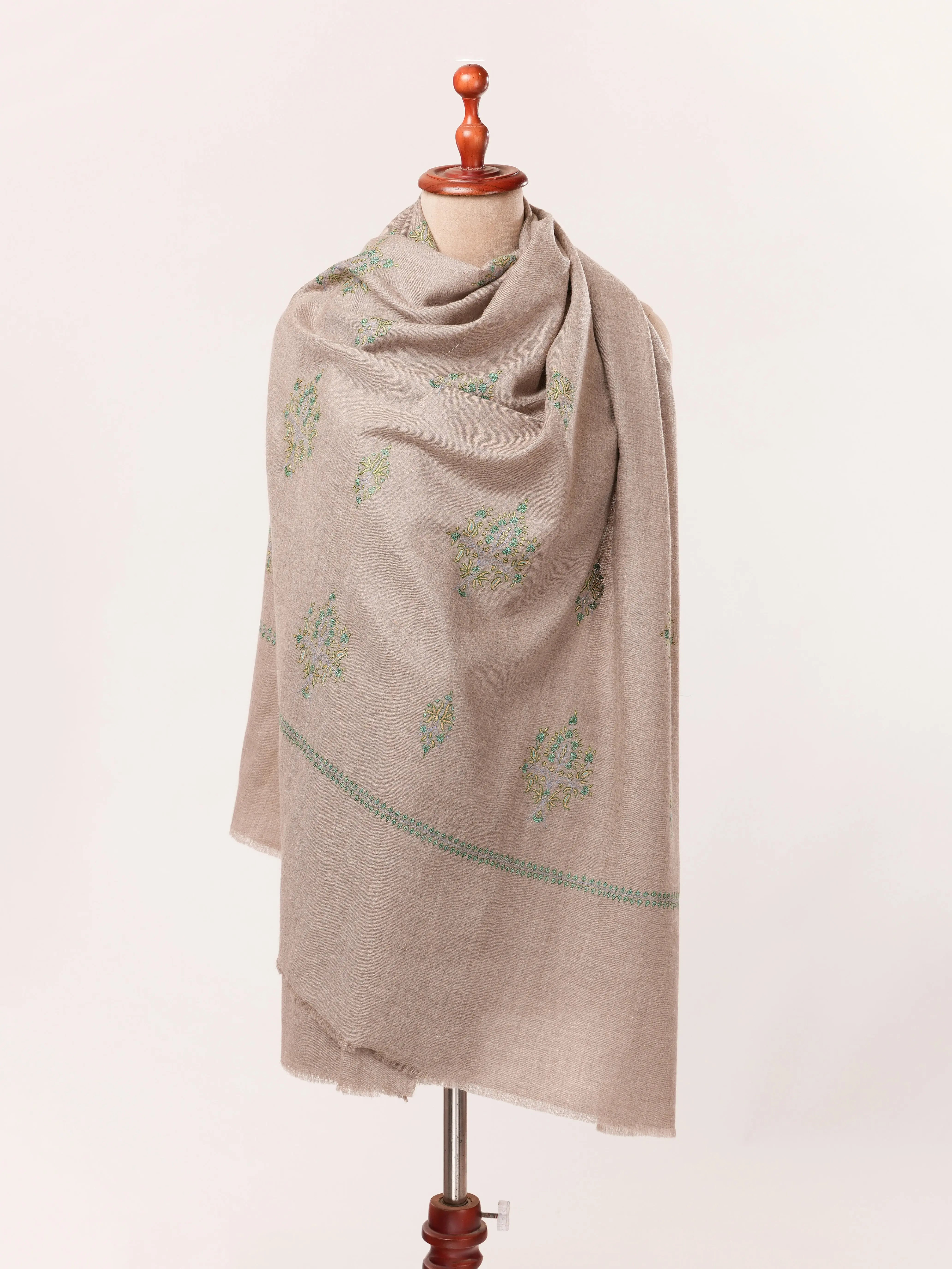 Kashmiri Baildar Buteh Sozni Embroidered Taupe Handwoven Pashmina Shawl Shahkaar.com