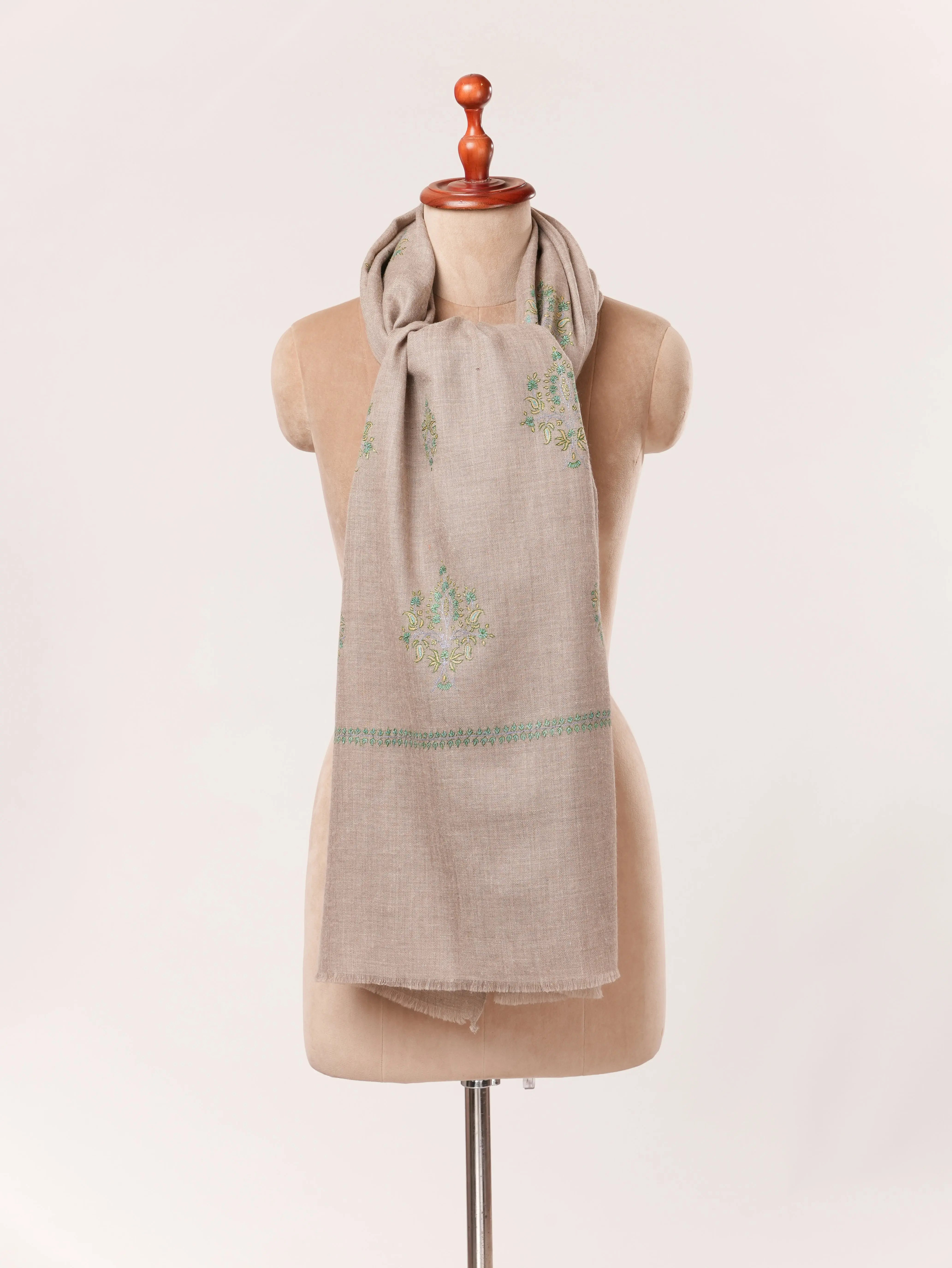 Kashmiri Baildar Buteh Sozni Embroidered Taupe Handwoven Pashmina Shawl Shahkaar.com