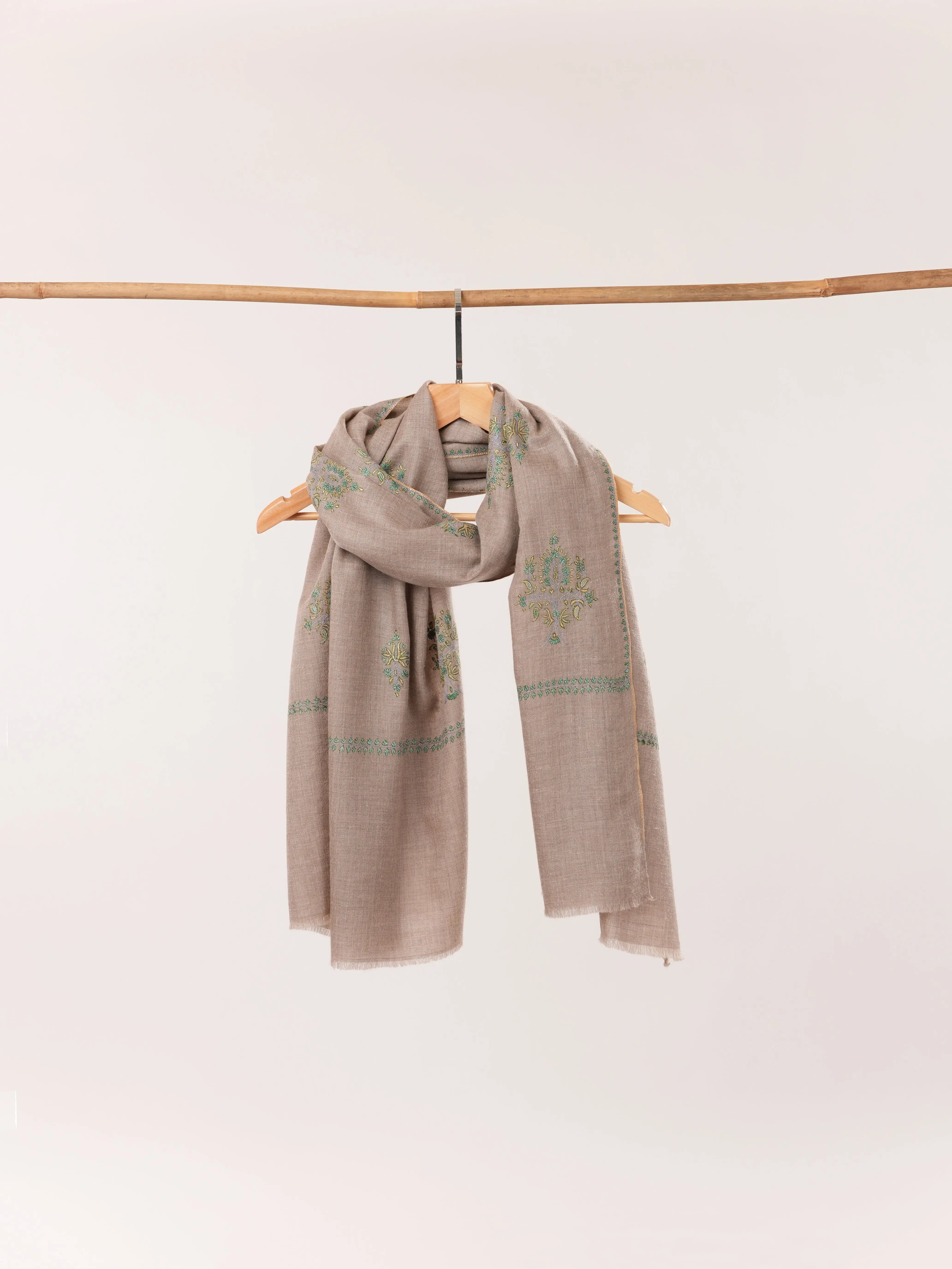 Kashmiri Baildar Buteh Sozni Embroidered Taupe Handwoven Pashmina Shawl Shahkaar.com
