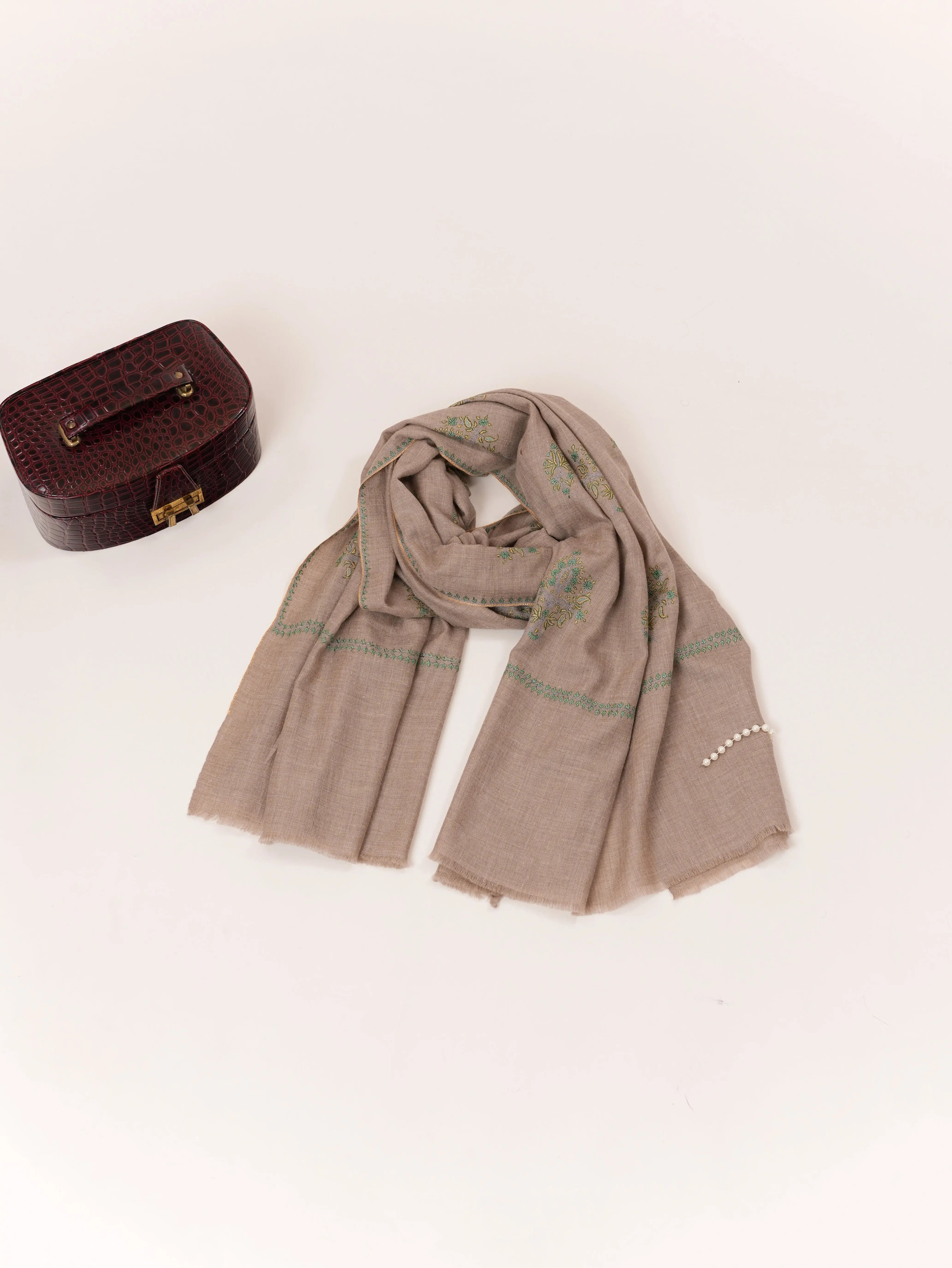 Kashmiri Baildar Buteh Sozni Embroidered Taupe Handwoven Pashmina Shawl Shahkaar.com