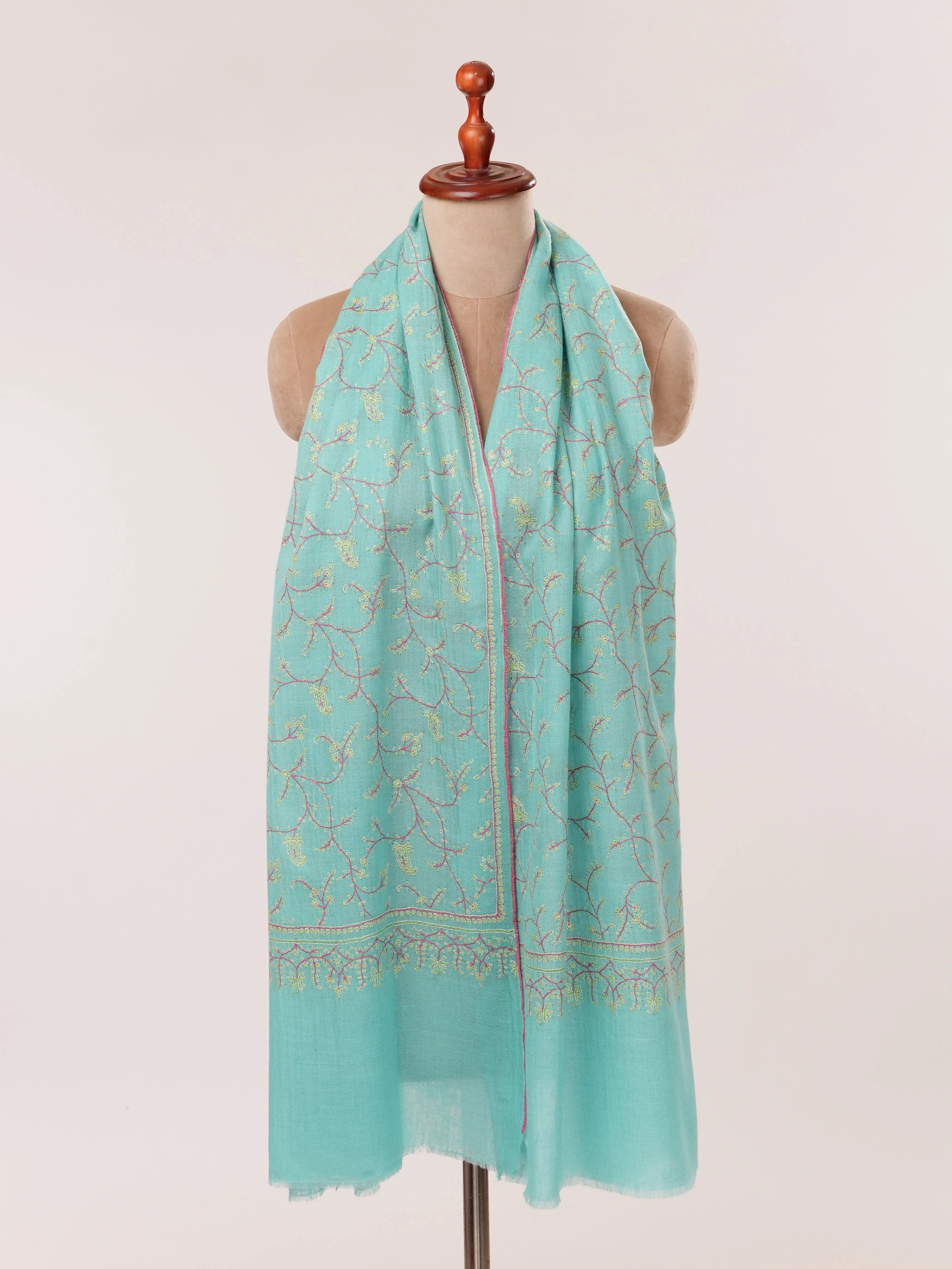 Sky Blue Hand Embroidered Baby Soft Cashmere Scarf Shahkaar.com