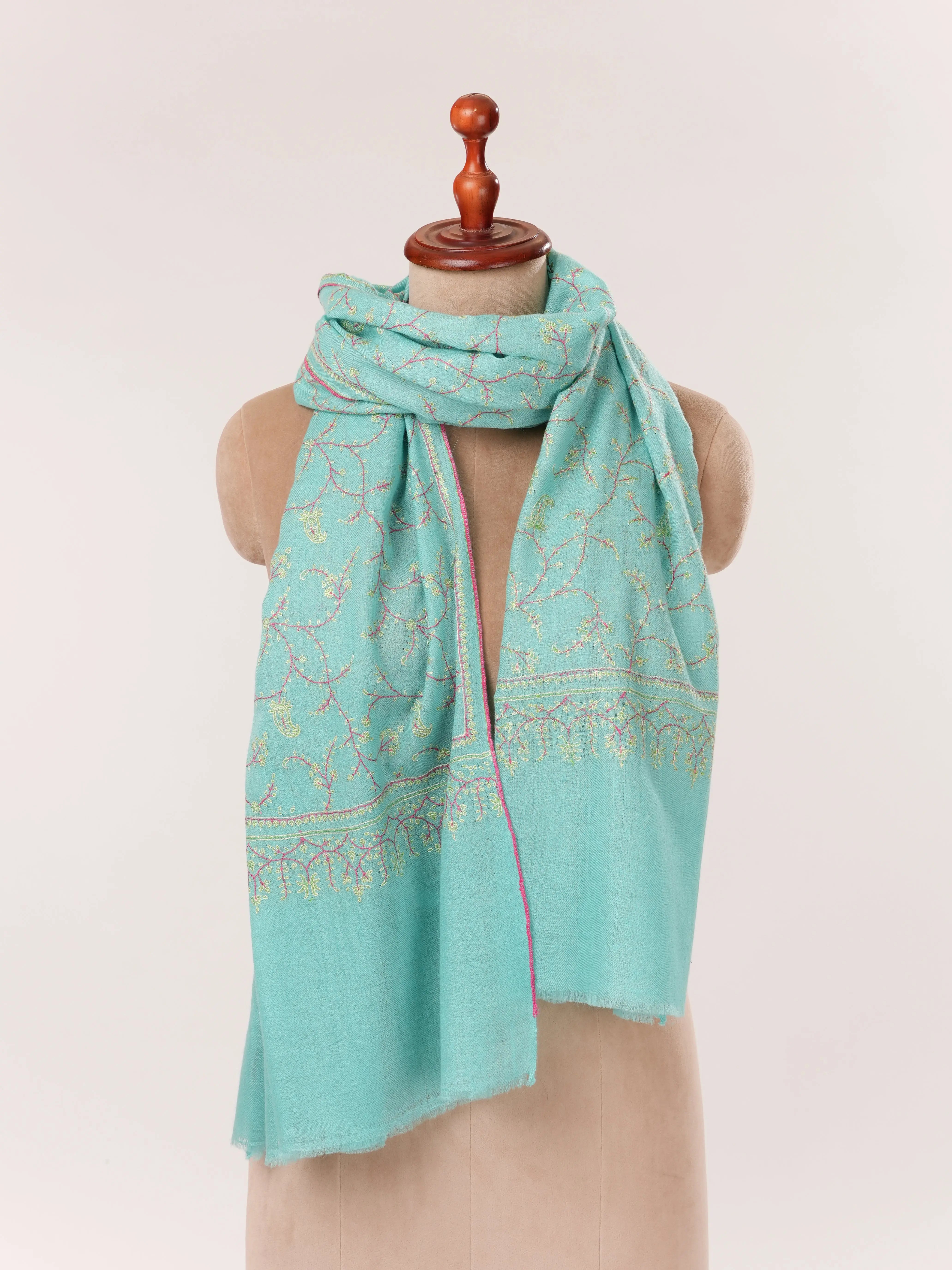 Sky Blue Hand Embroidered Baby Soft Cashmere Scarf Shahkaar.com