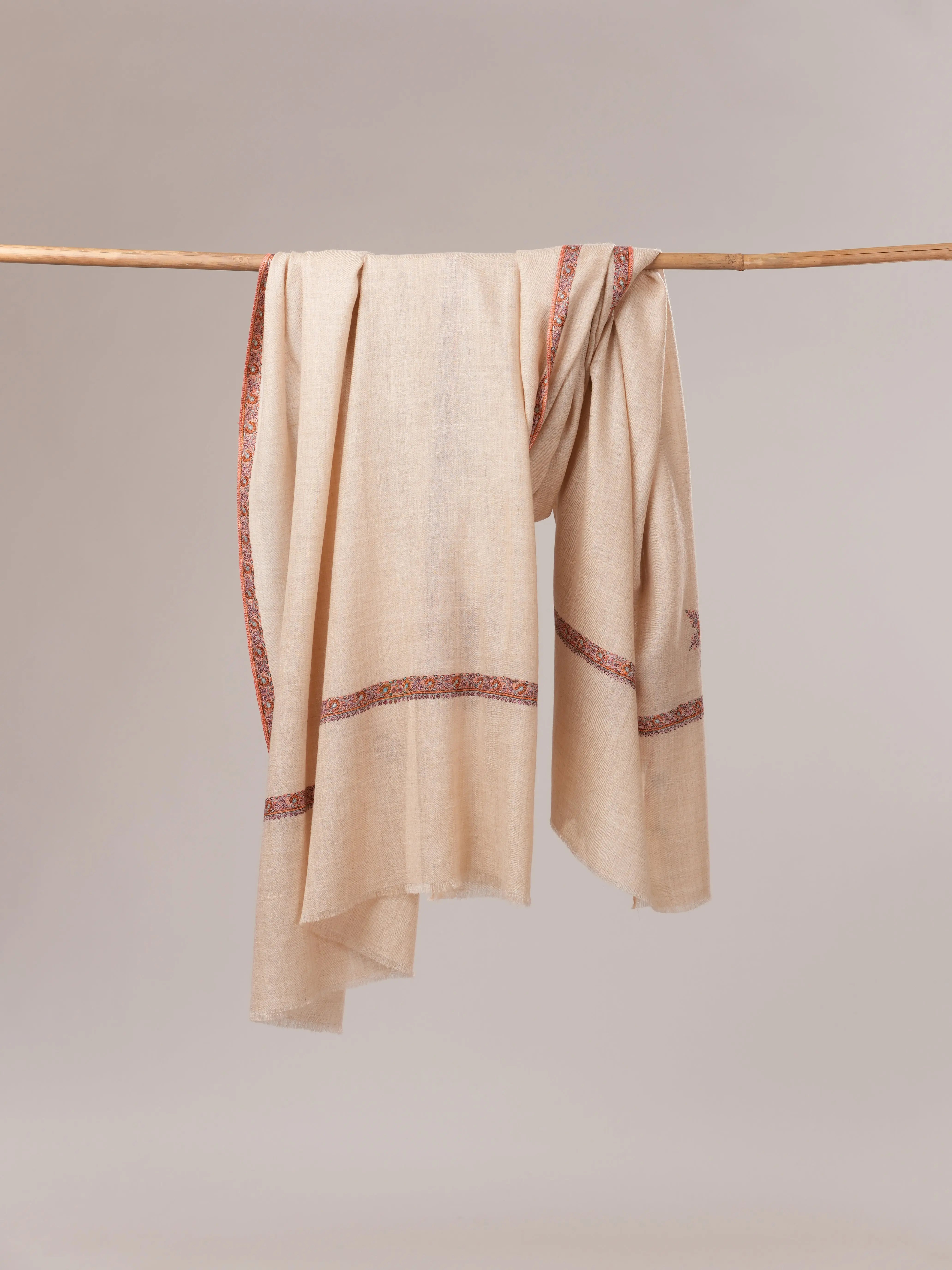 Cream Pashmina Shawl with Sozni Hand Embroidery Shahkaar.com