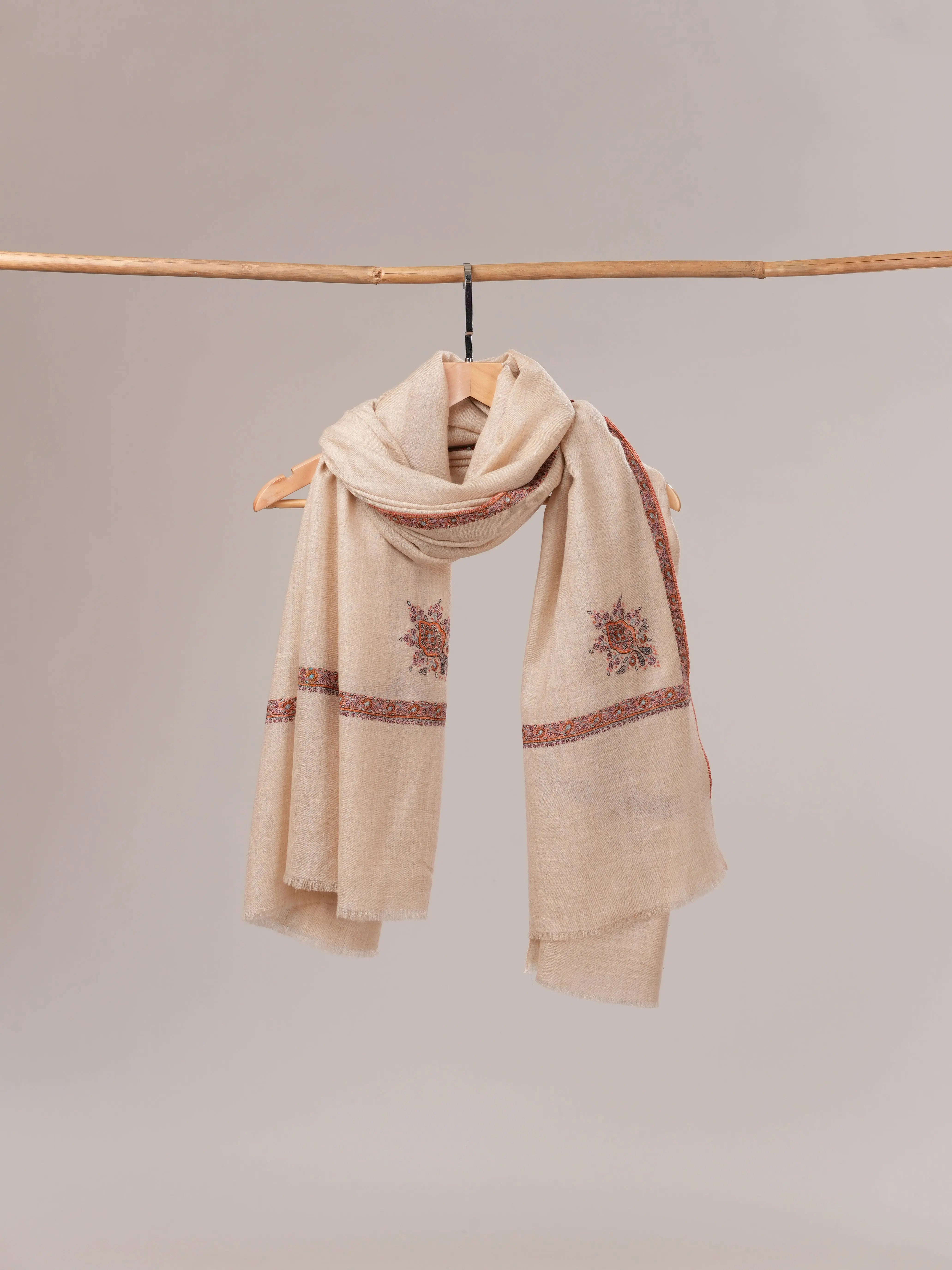 Cream Pashmina Shawl with Sozni Hand Embroidery Shahkaar.com