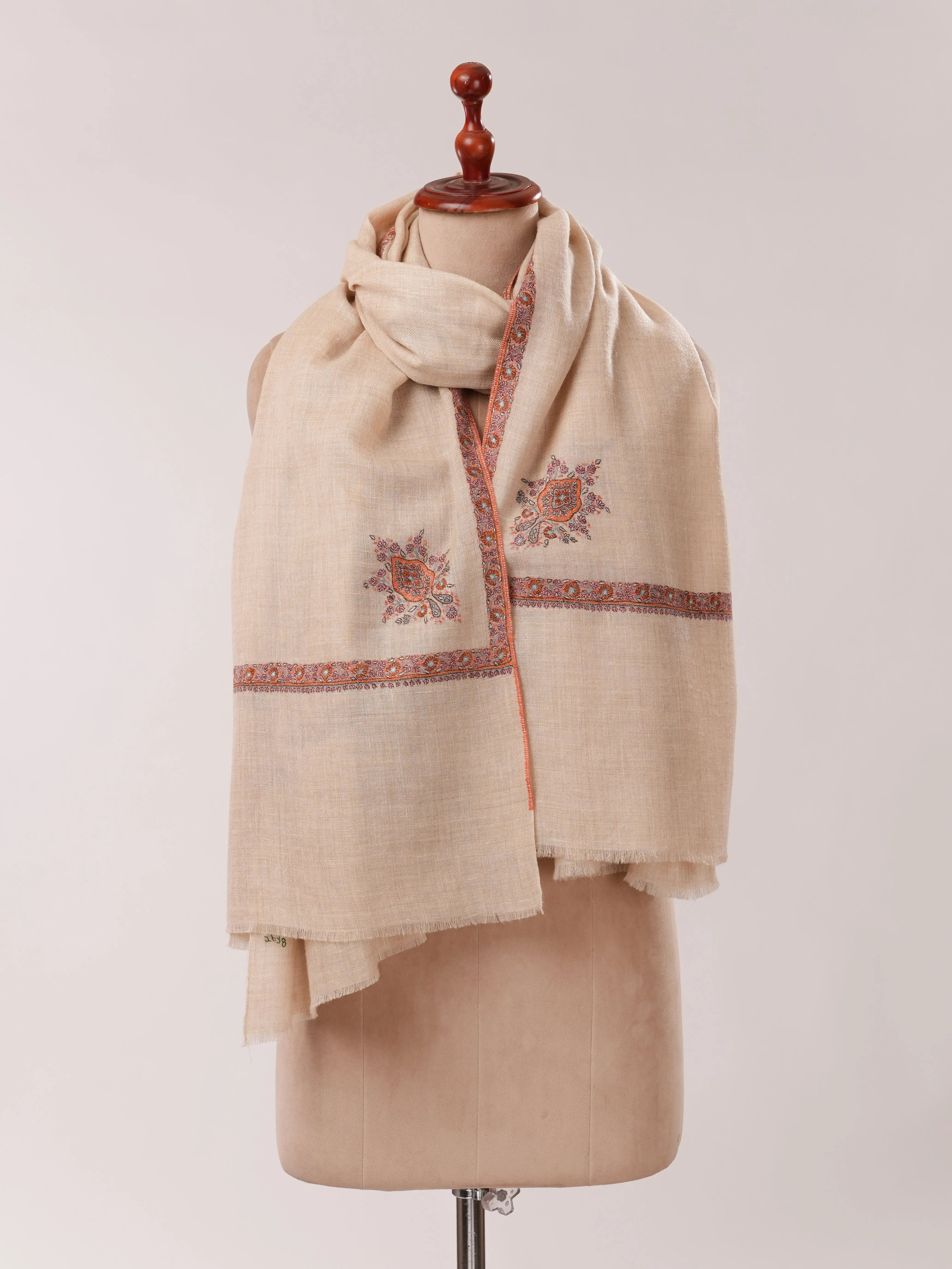 Cream Pashmina Shawl with Sozni Hand Embroidery Shahkaar.com