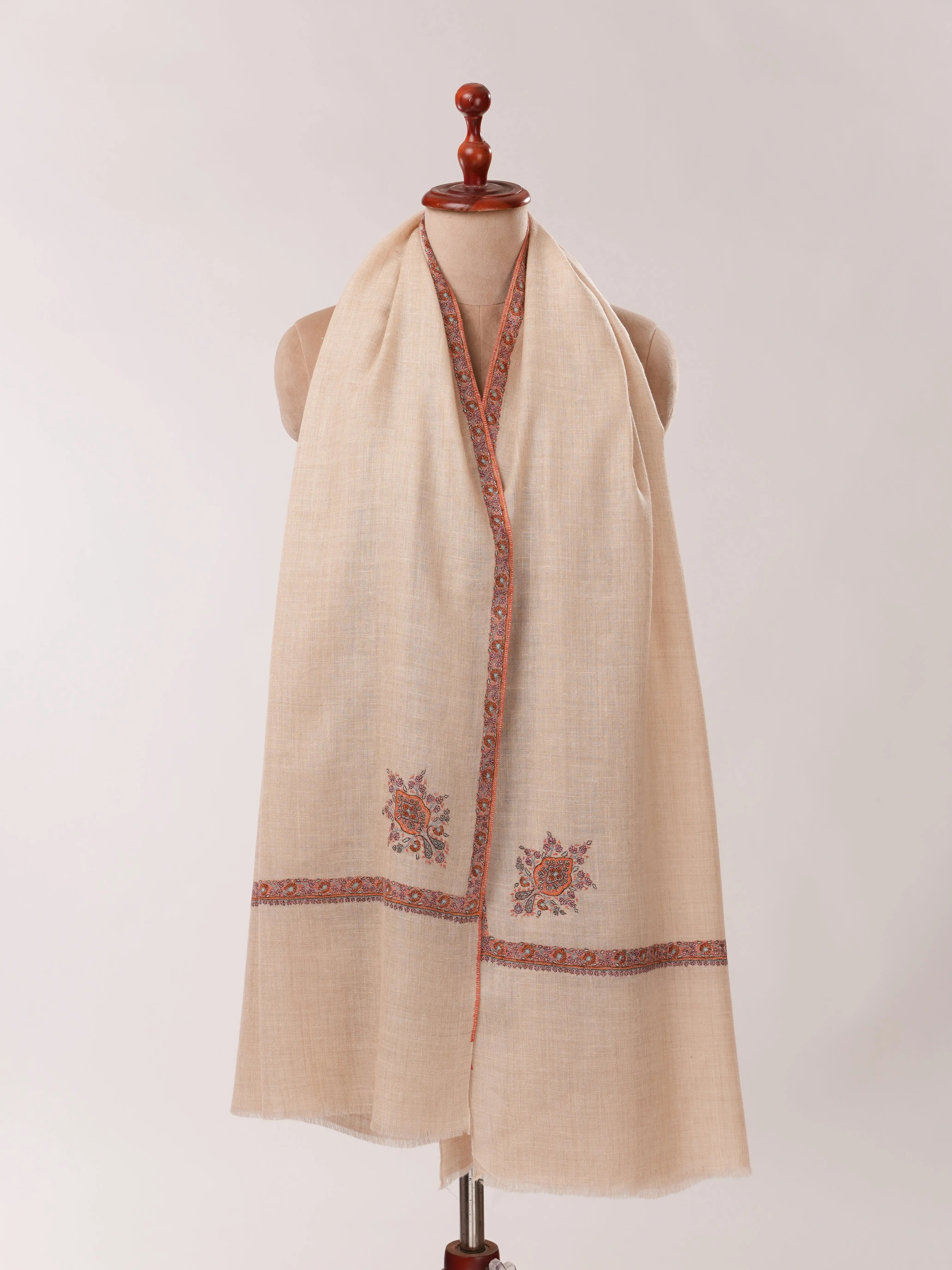 Cream Pashmina Shawl with Sozni Hand Embroidery Shahkaar.com