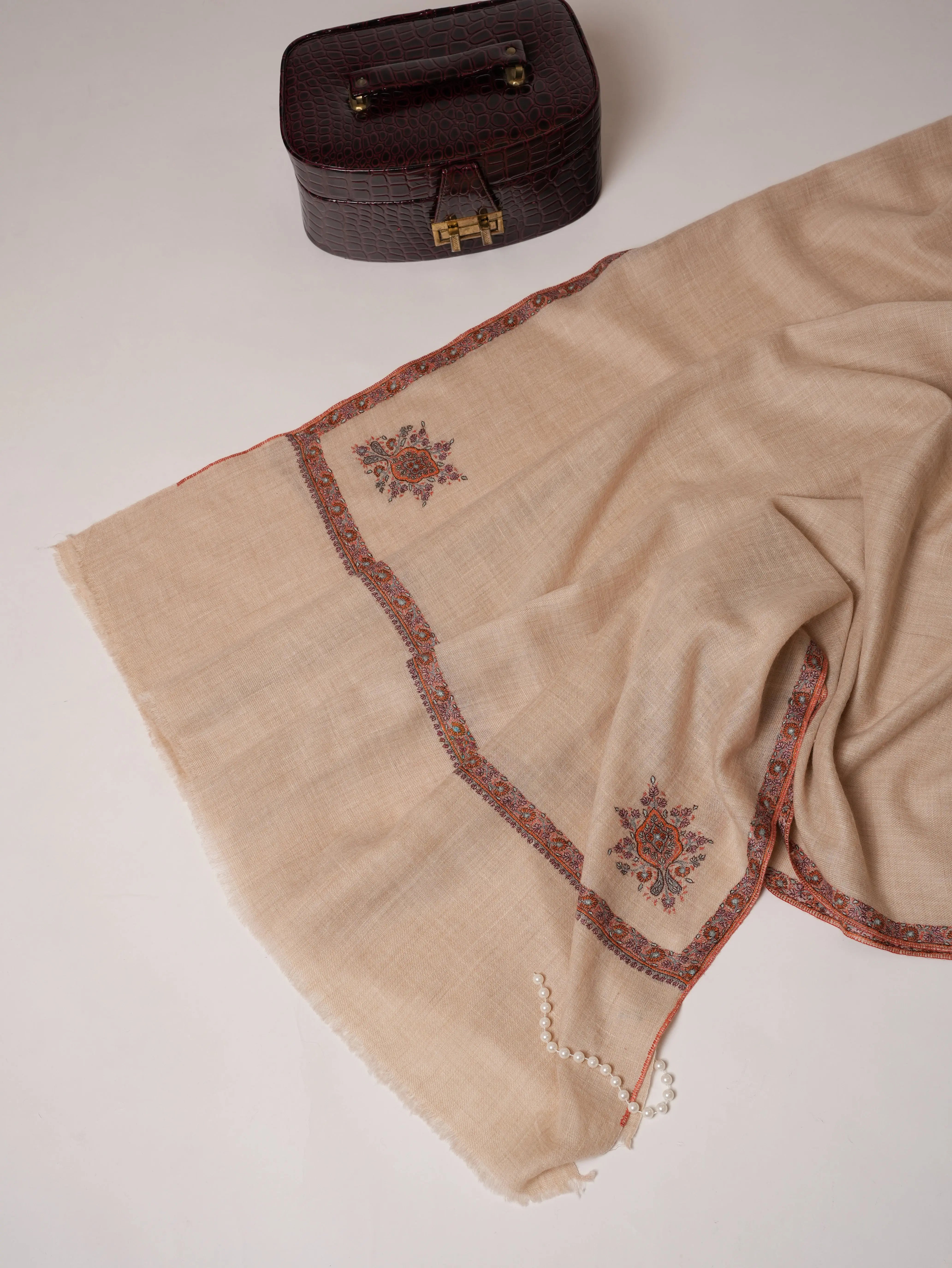 Cream Pashmina Shawl with Sozni Hand Embroidery Shahkaar.com