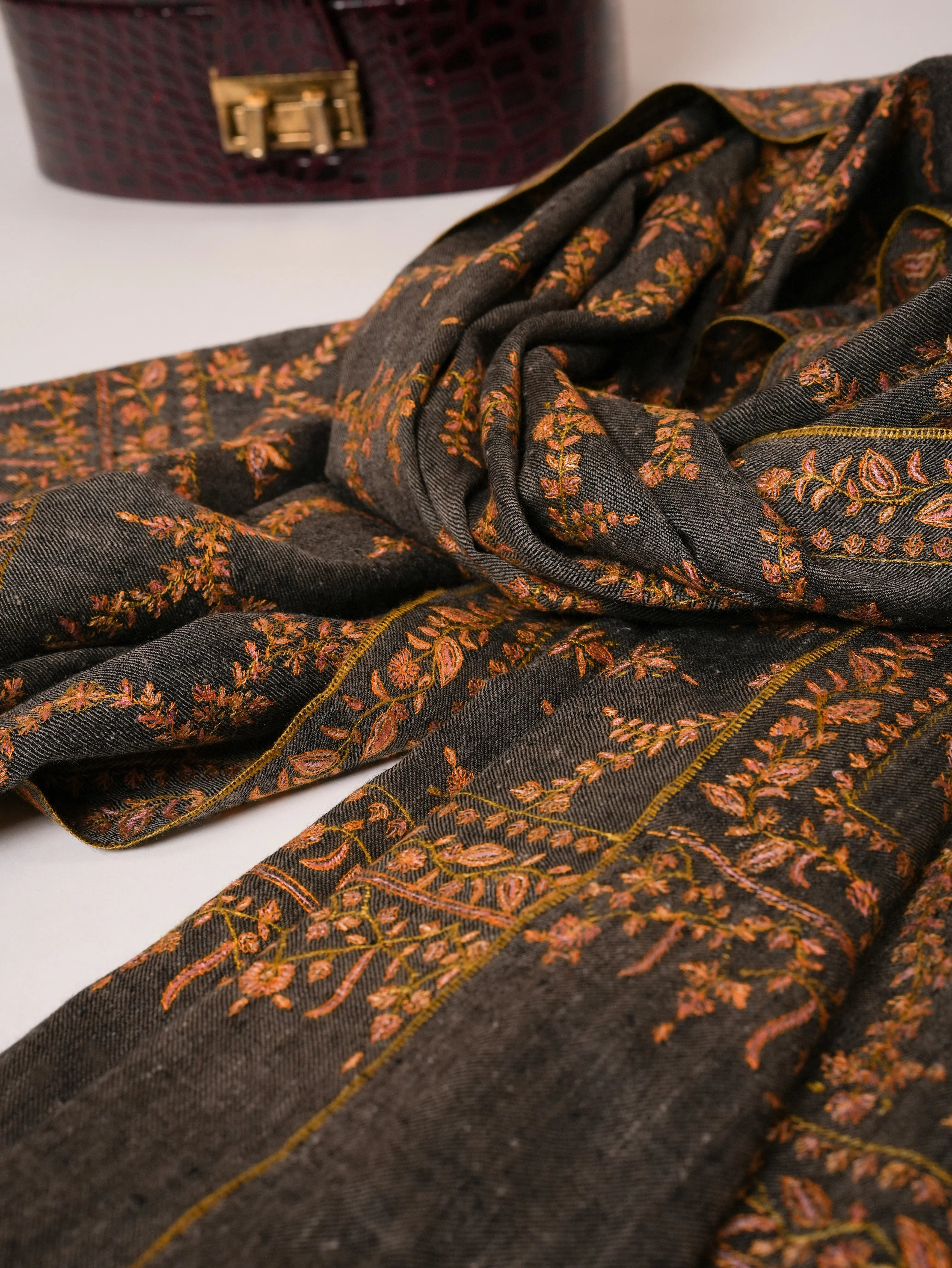 Carbon Black Pashmina Shawl with All Over Gold Hand Embroidery Shahkaar Global