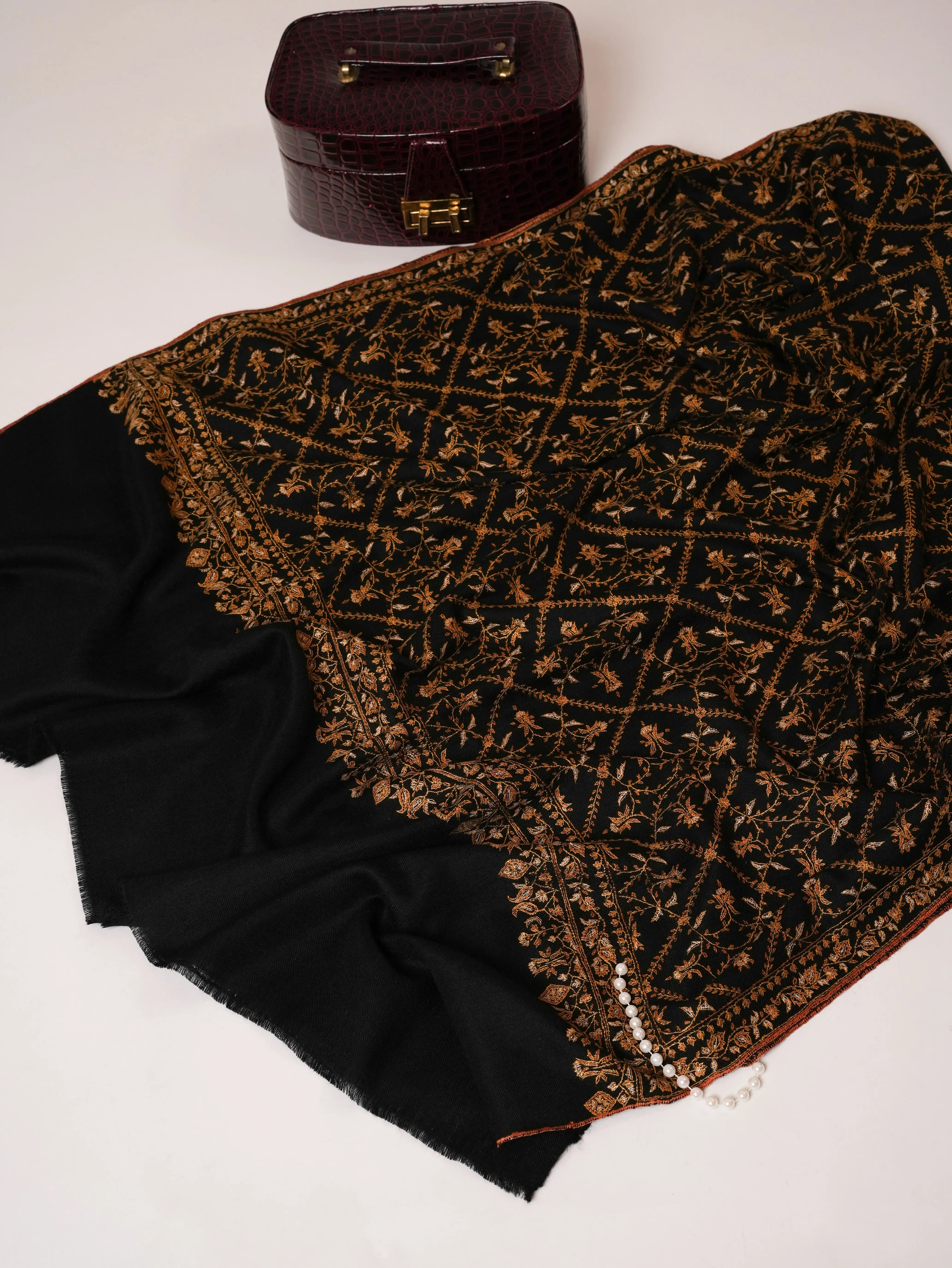 Black Pure Pashmina Shawl with Gold Hand Embroidery Shahkaar Global