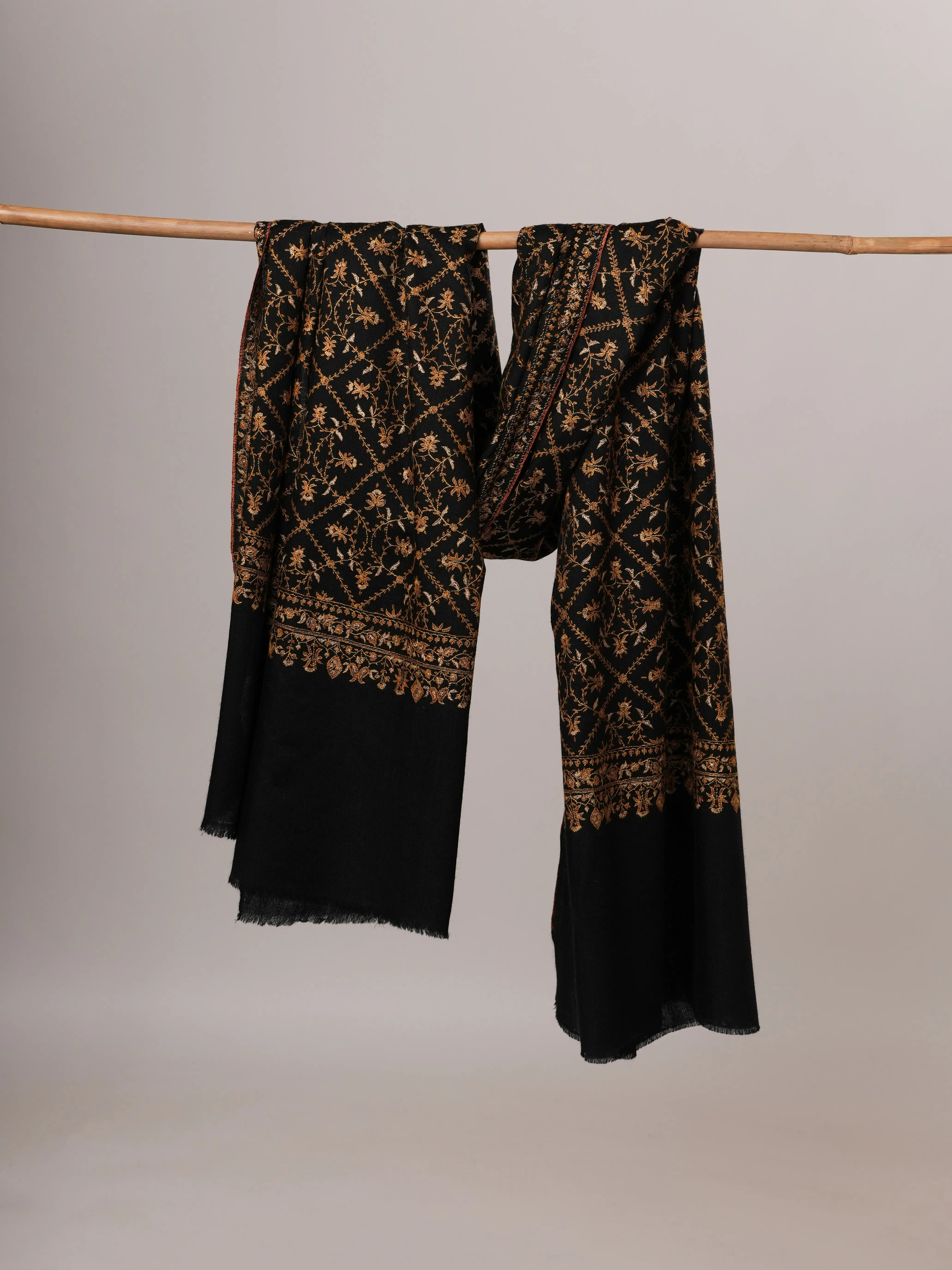 Black Pure Pashmina Shawl with Gold Hand Embroidery Shahkaar Global