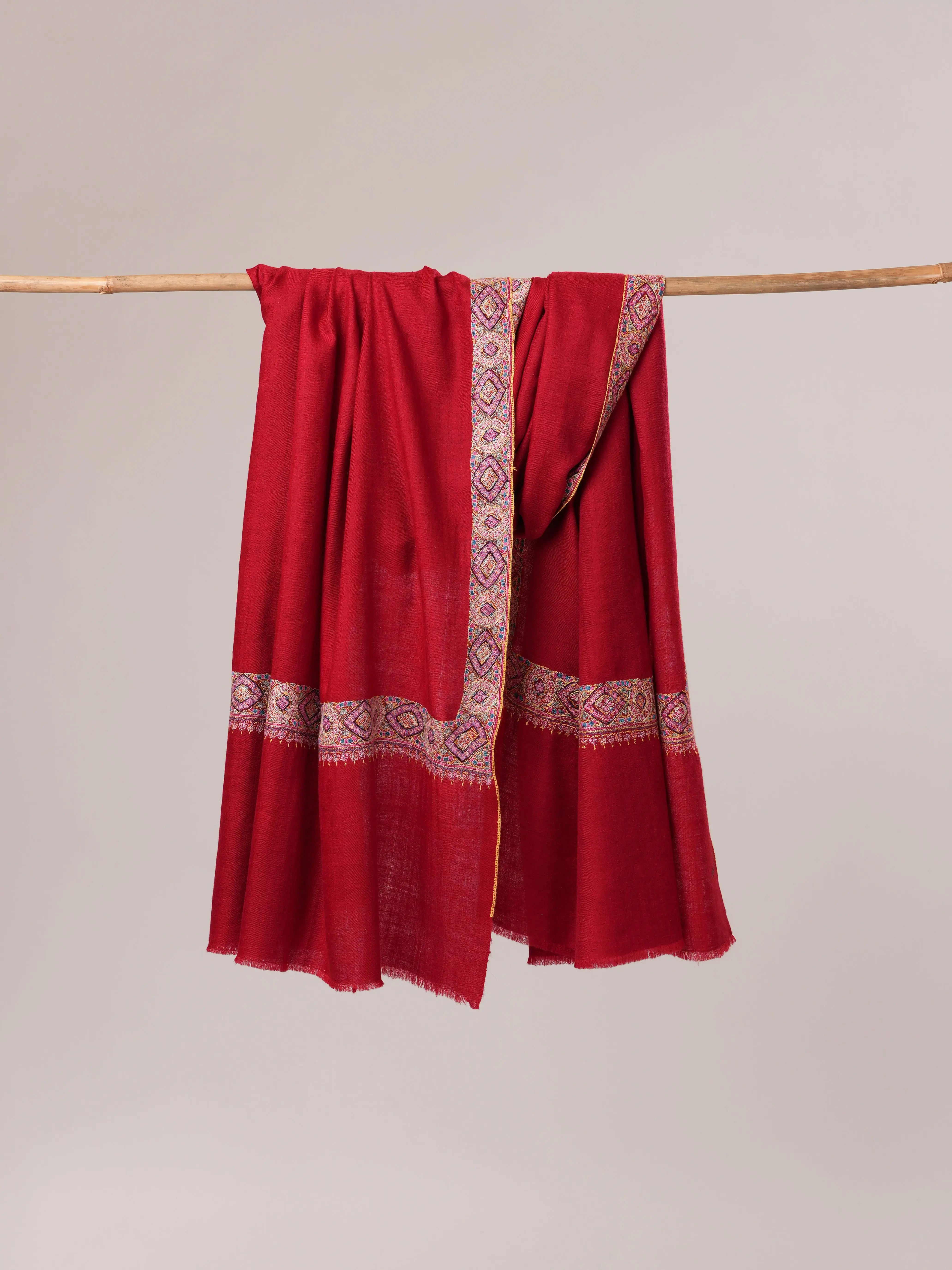 Red Neemdaur Hand Embroidered Cashmere Scarf Shahkaar.com