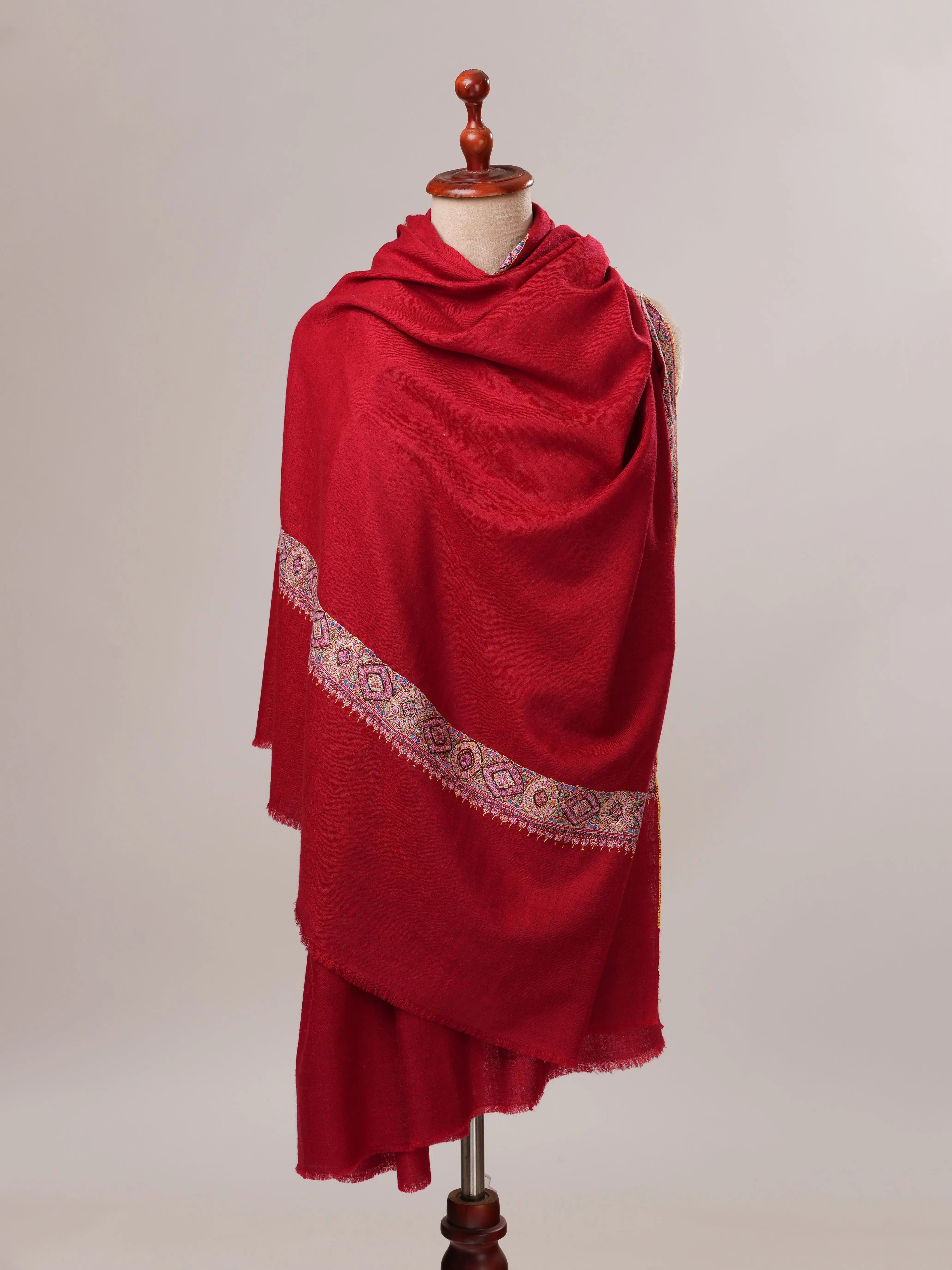 Red Neemdaur Hand Embroidered Cashmere Scarf Shahkaar.com