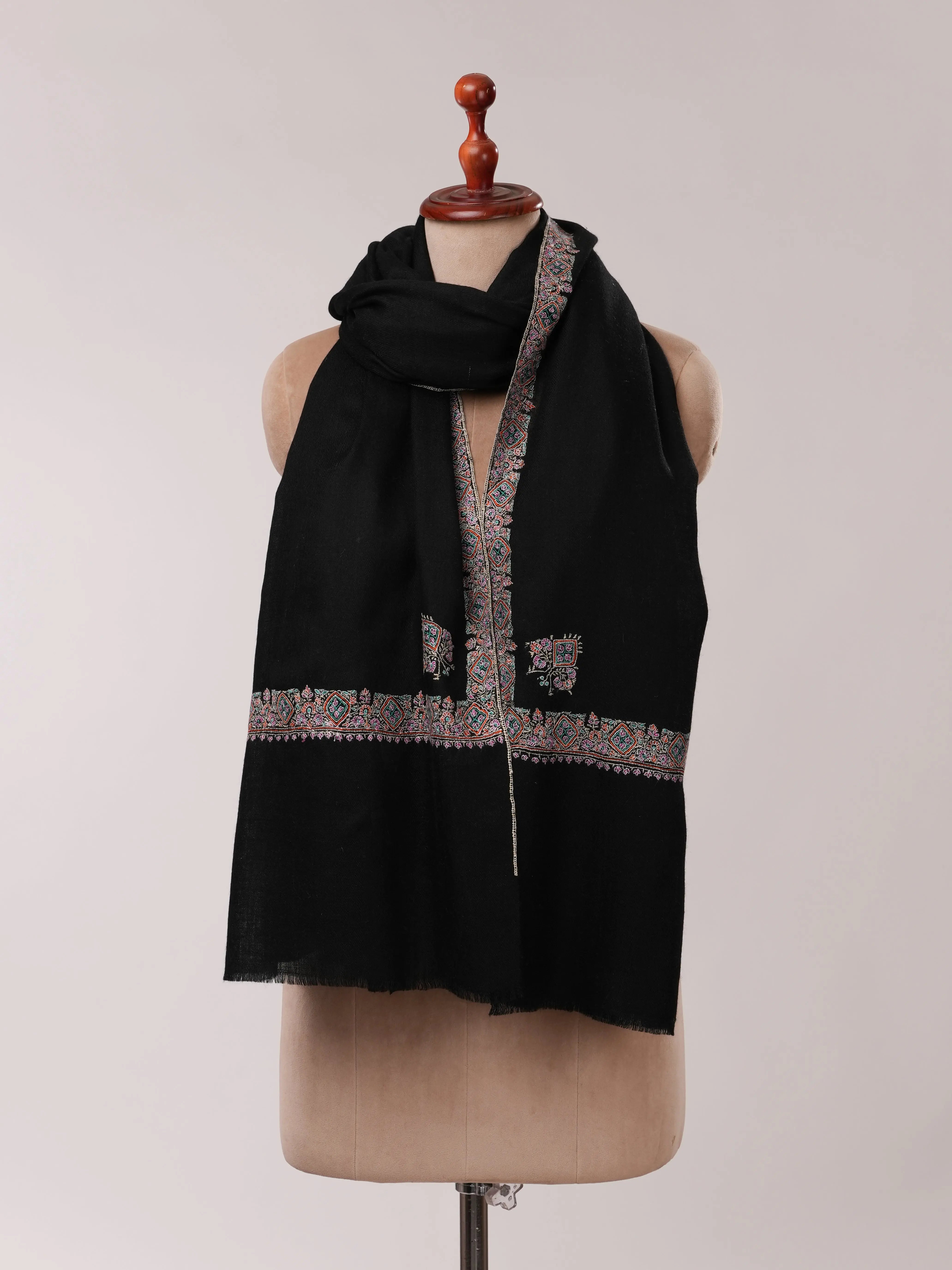 Black Soft Pashmina Shawl with Hashia Sozni Hand Embroidery Shahkaar.com