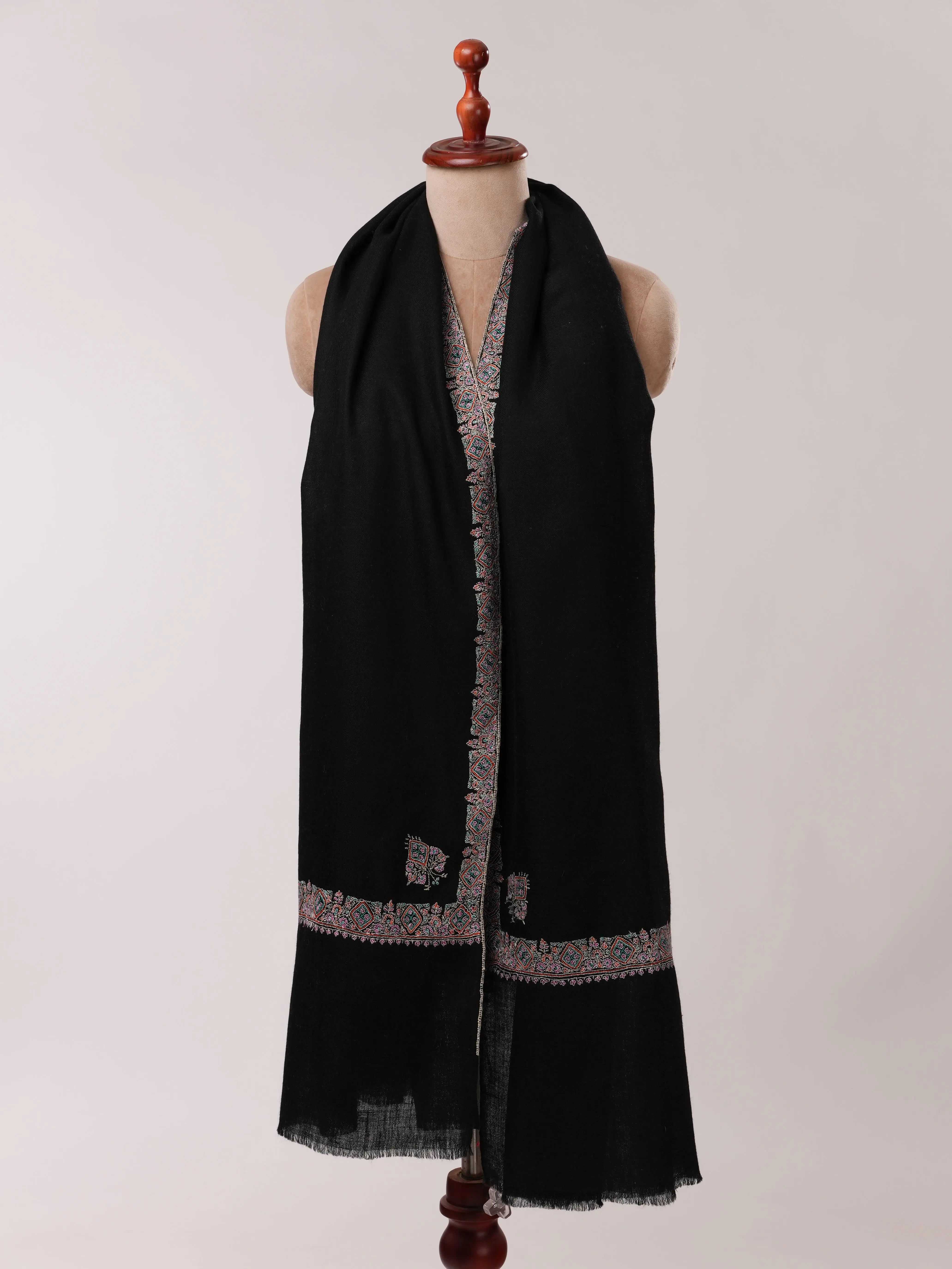 Black Soft Pashmina Shawl with Hashia Sozni Hand Embroidery Shahkaar.com