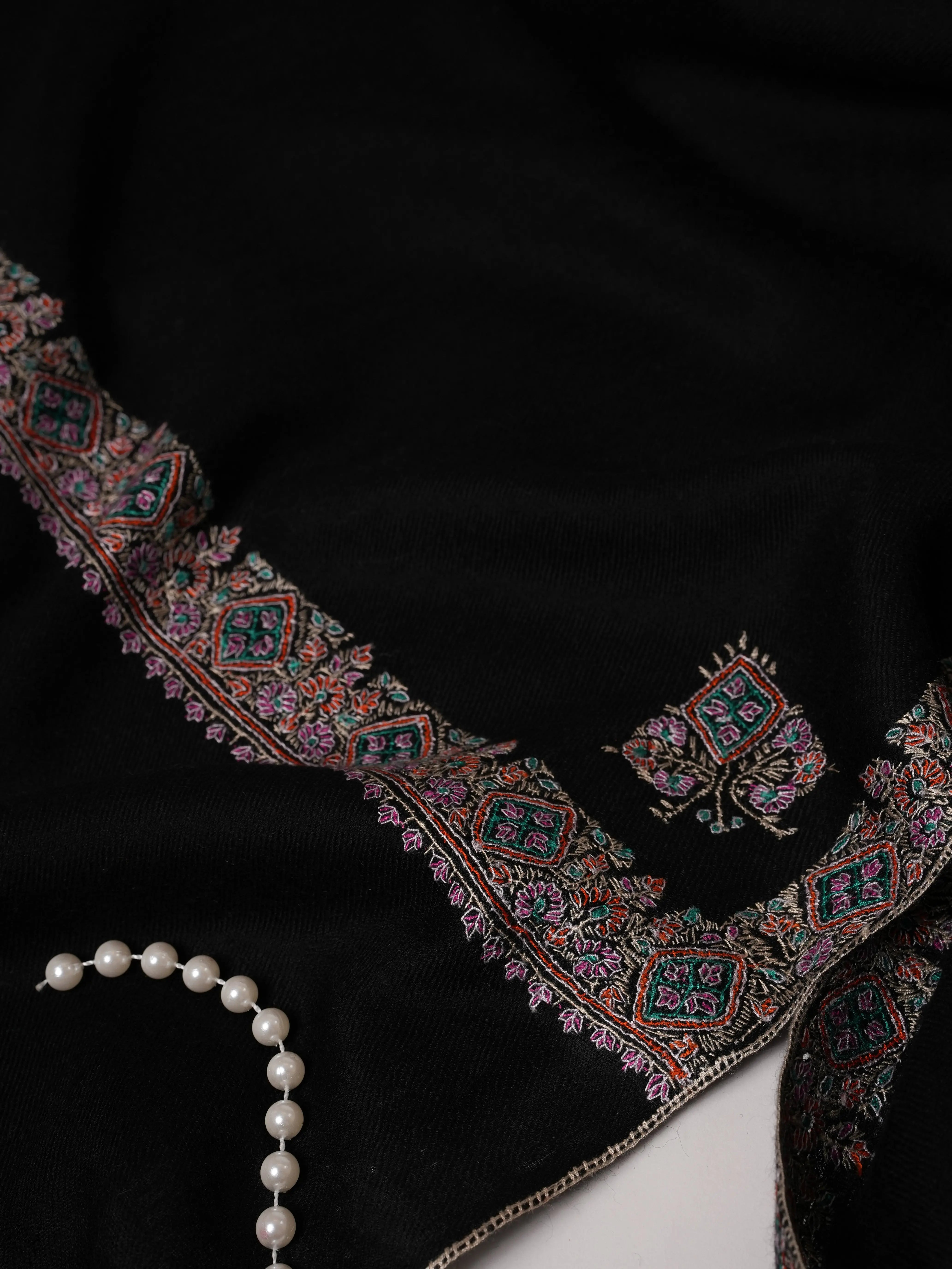 Black Soft Pashmina Shawl with Hashia Sozni Hand Embroidery Shahkaar.com