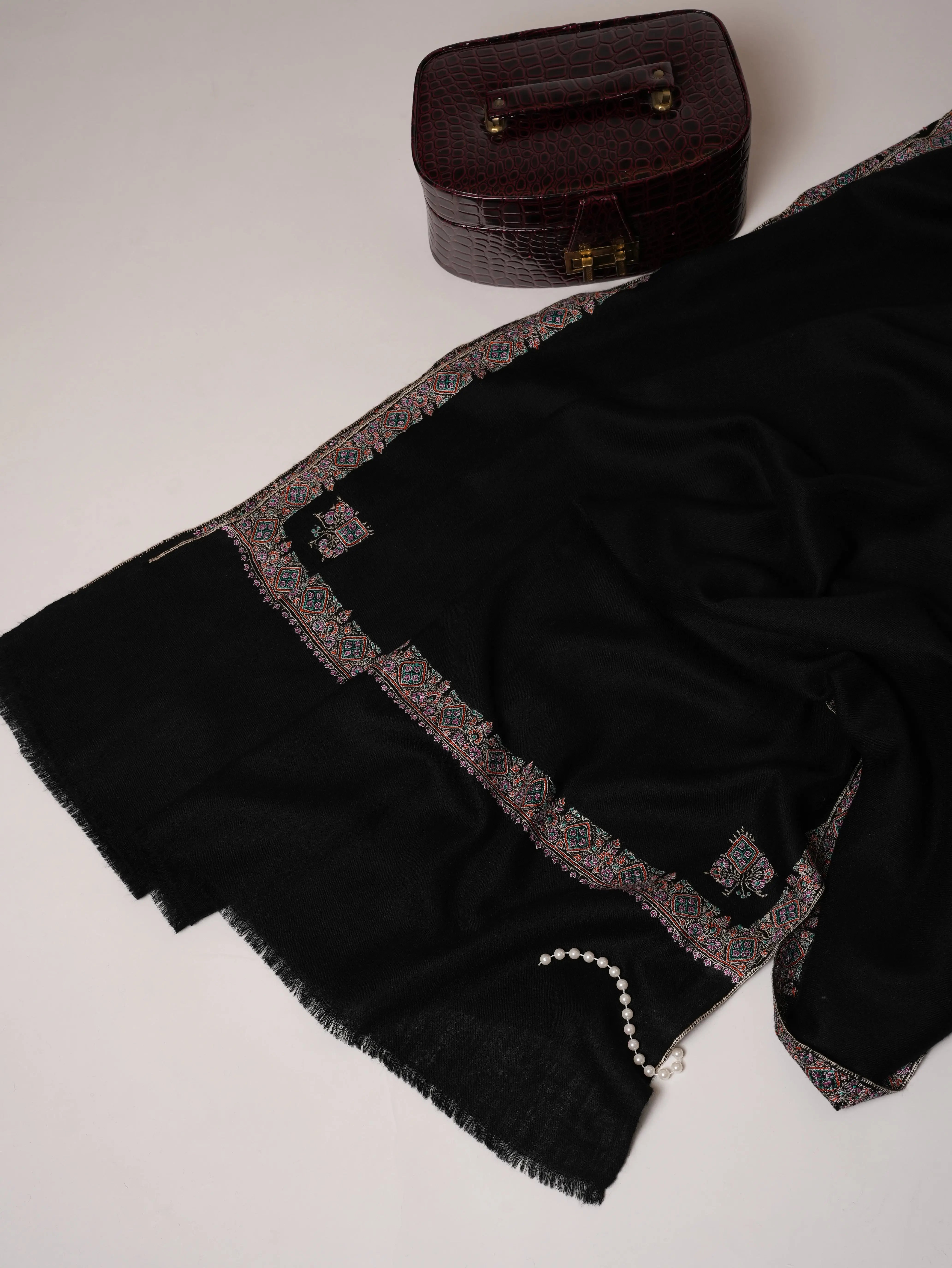 Black Soft Pashmina Shawl with Hashia Sozni Hand Embroidery Shahkaar.com