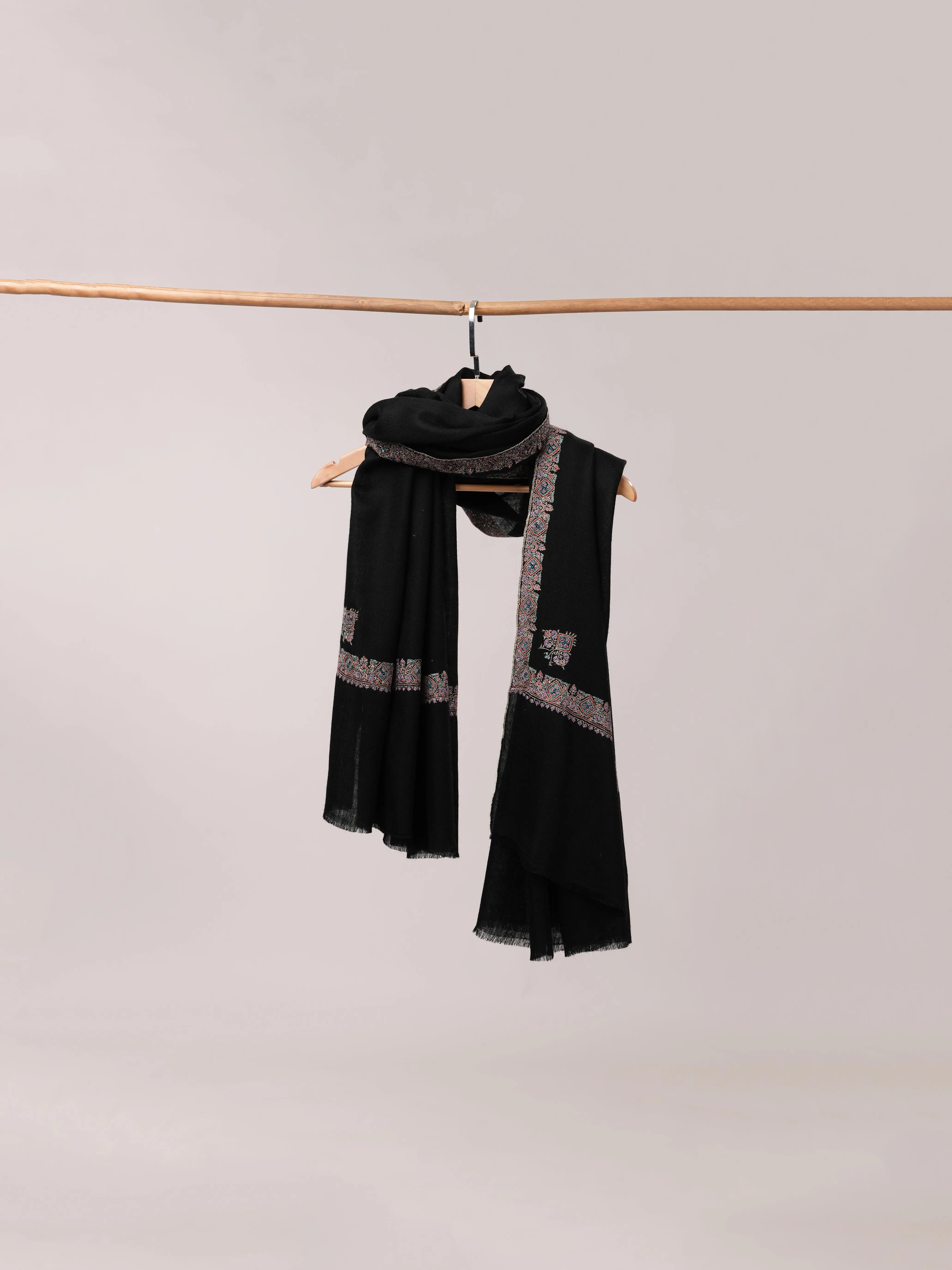 Black Soft Pashmina Shawl with Hashia Sozni Hand Embroidery Shahkaar.com