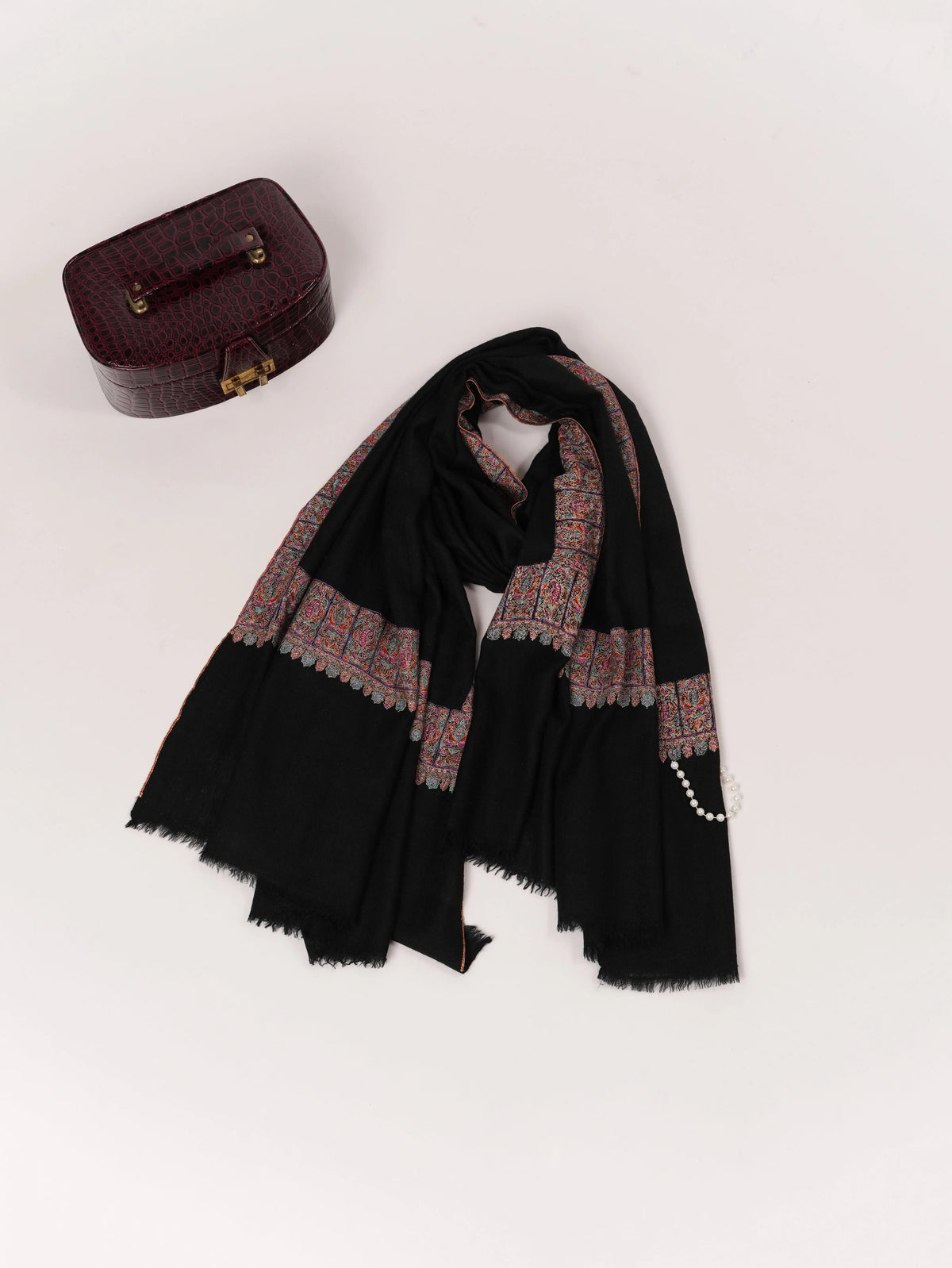 HandSpun Handwoven Neemdaur Black Pashmina Shawl with Kashmiri Hand Embroidery Shahkaar.com