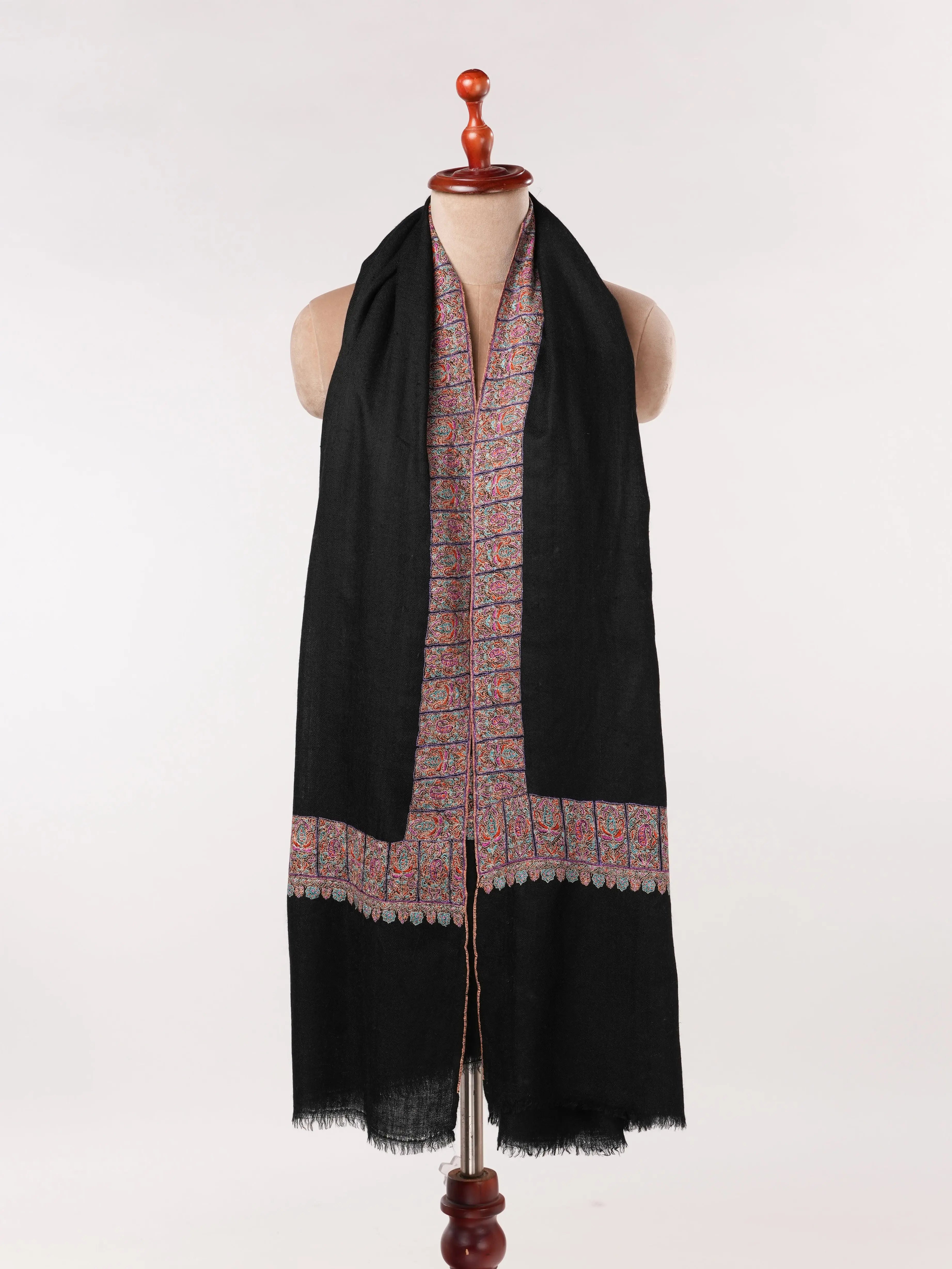 HandSpun Handwoven Neemdaur Black Pashmina Shawl with Kashmiri Hand Embroidery Shahkaar.com