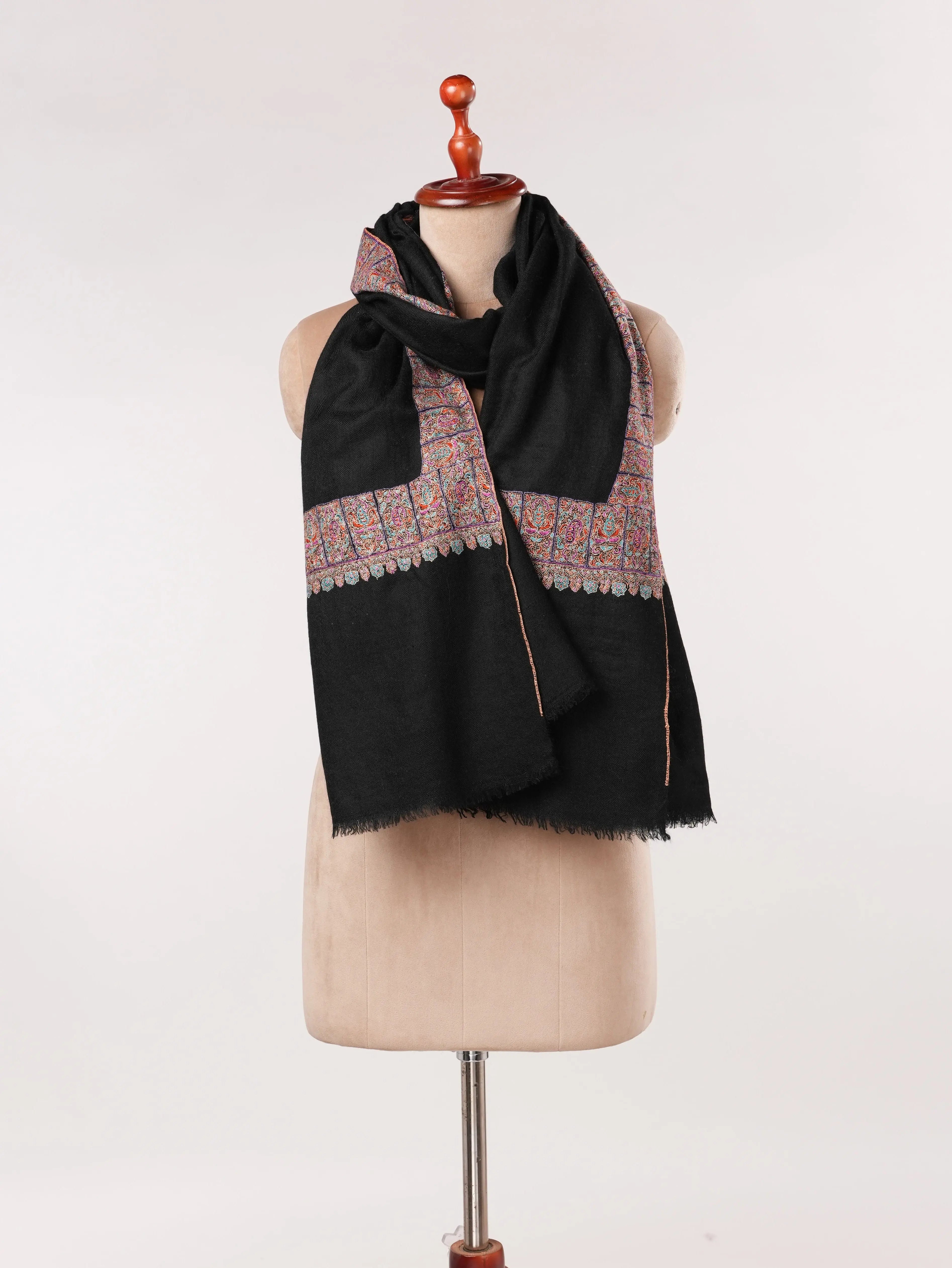 HandSpun Handwoven Neemdaur Black Pashmina Shawl with Kashmiri Hand Embroidery Shahkaar.com