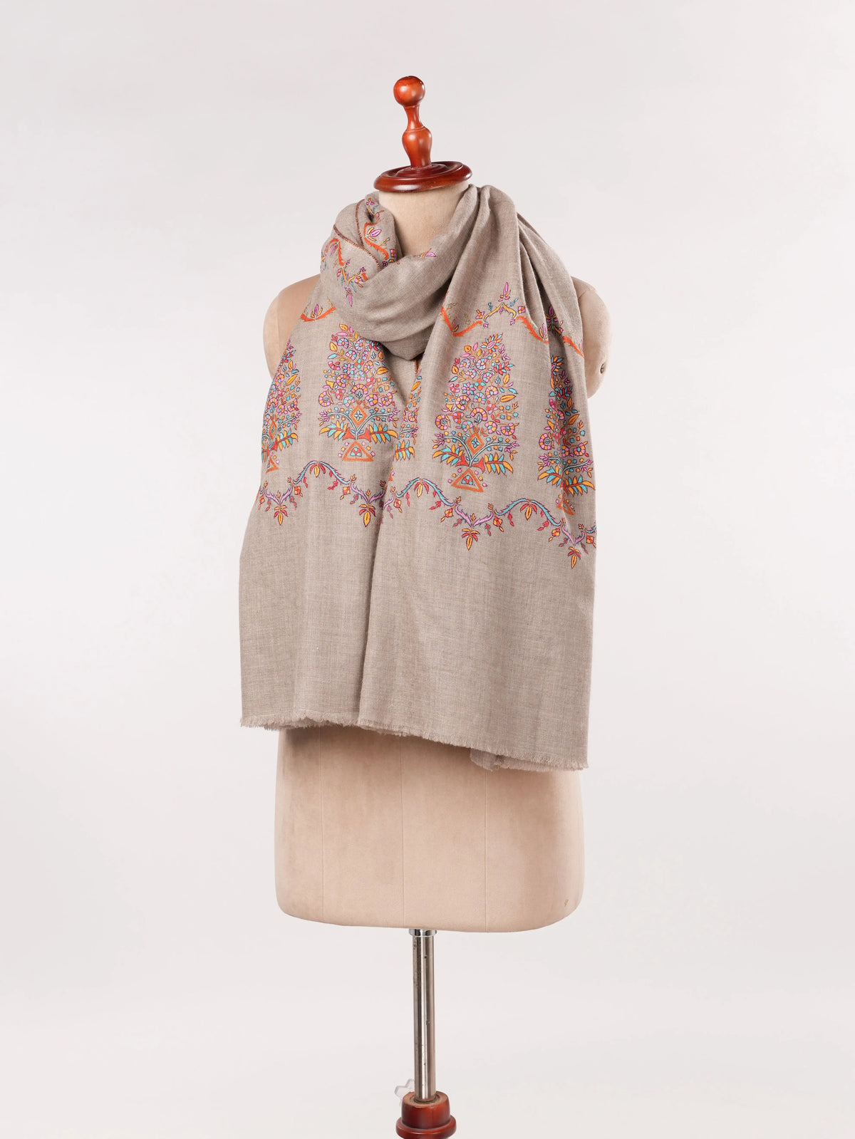 Natural Taupe Palldar Pashmina Handwoven Shawl with Delicate Sozni Embroidery Shahkaar.com