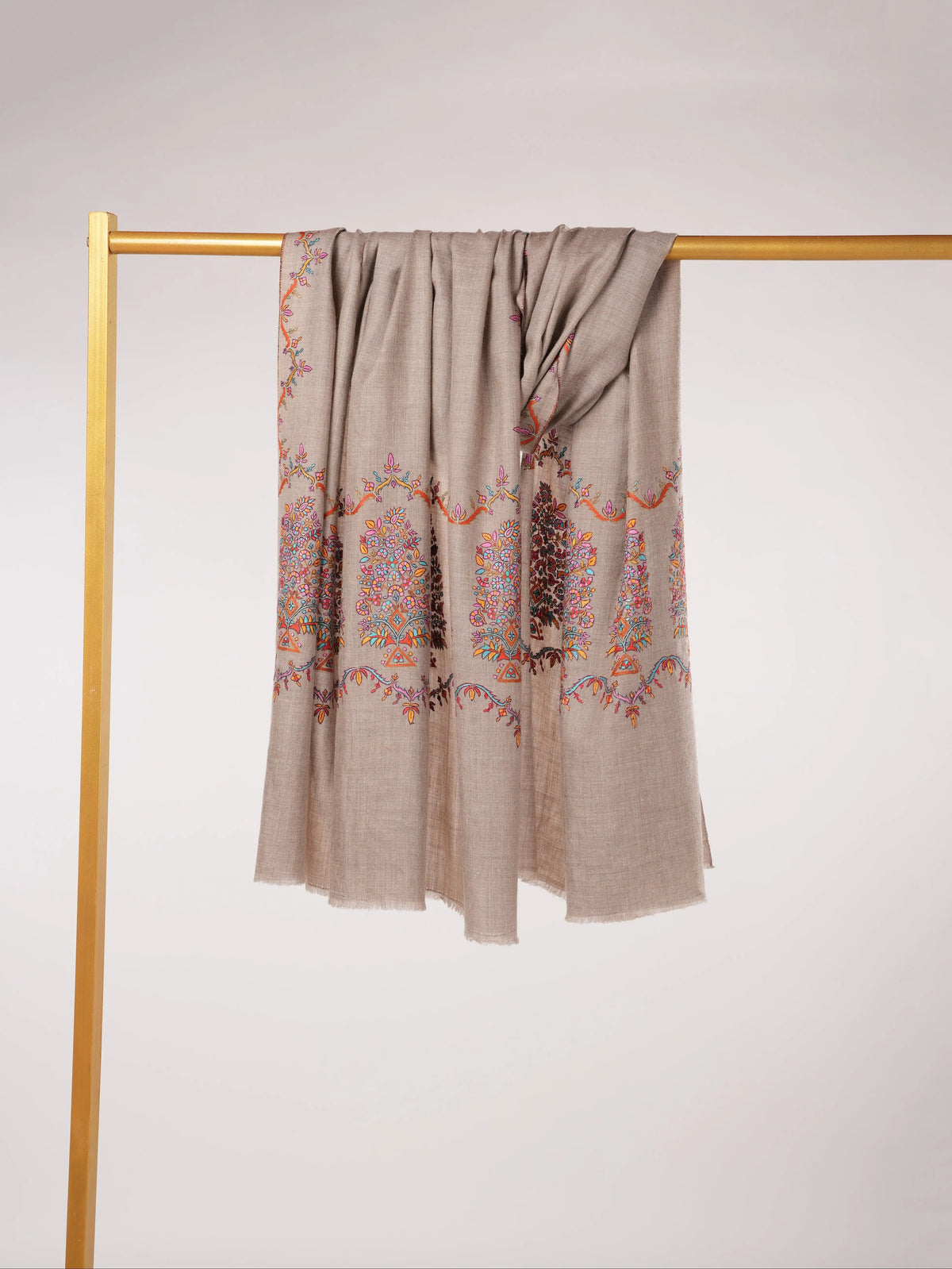 Natural Taupe Palldar Pashmina Handwoven Shawl with Delicate Sozni Embroidery Shahkaar.com