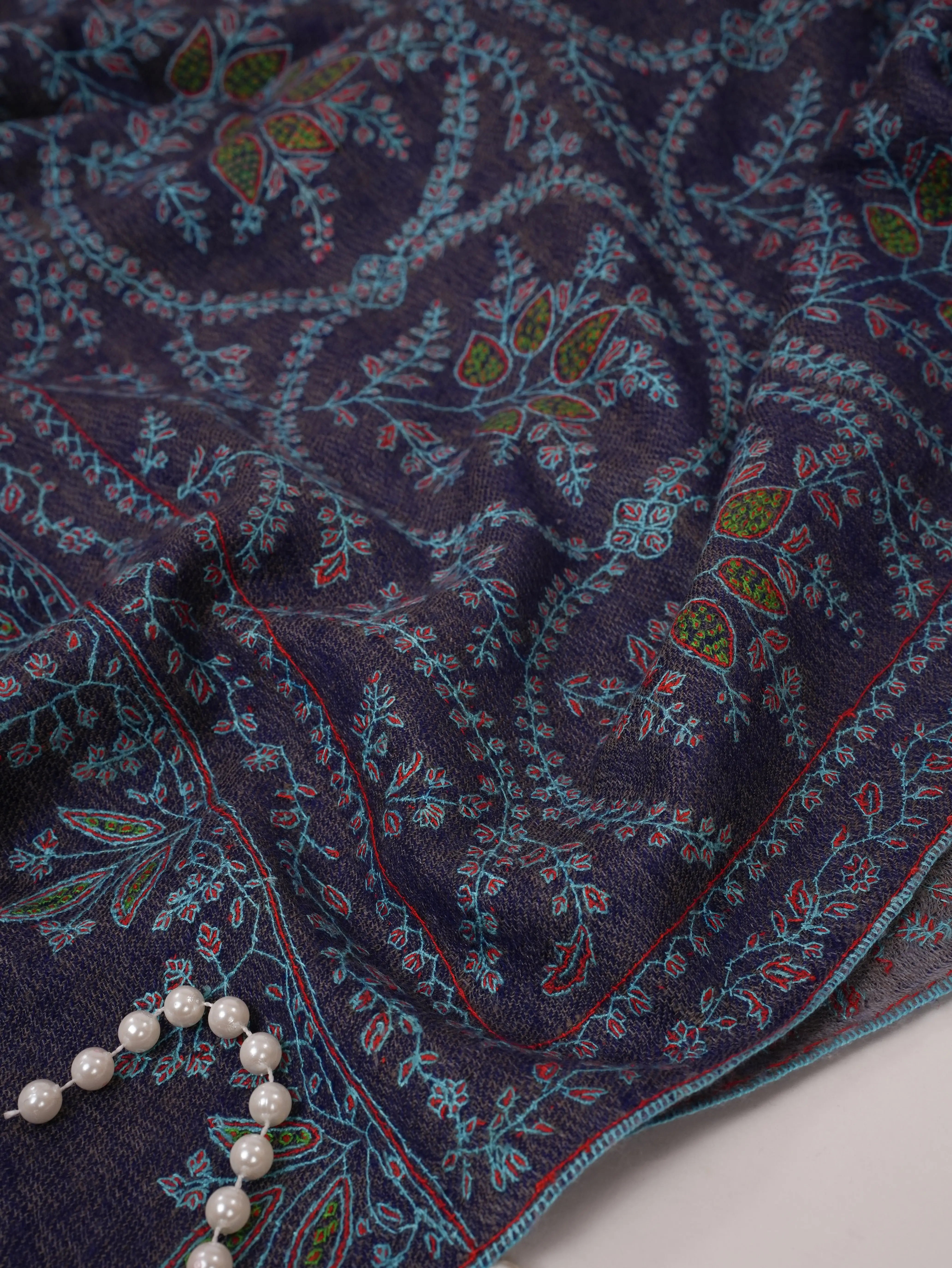 Blue Dual Tone Cashmere Scarf with Jali Hand Embroidery Shahkaar.com